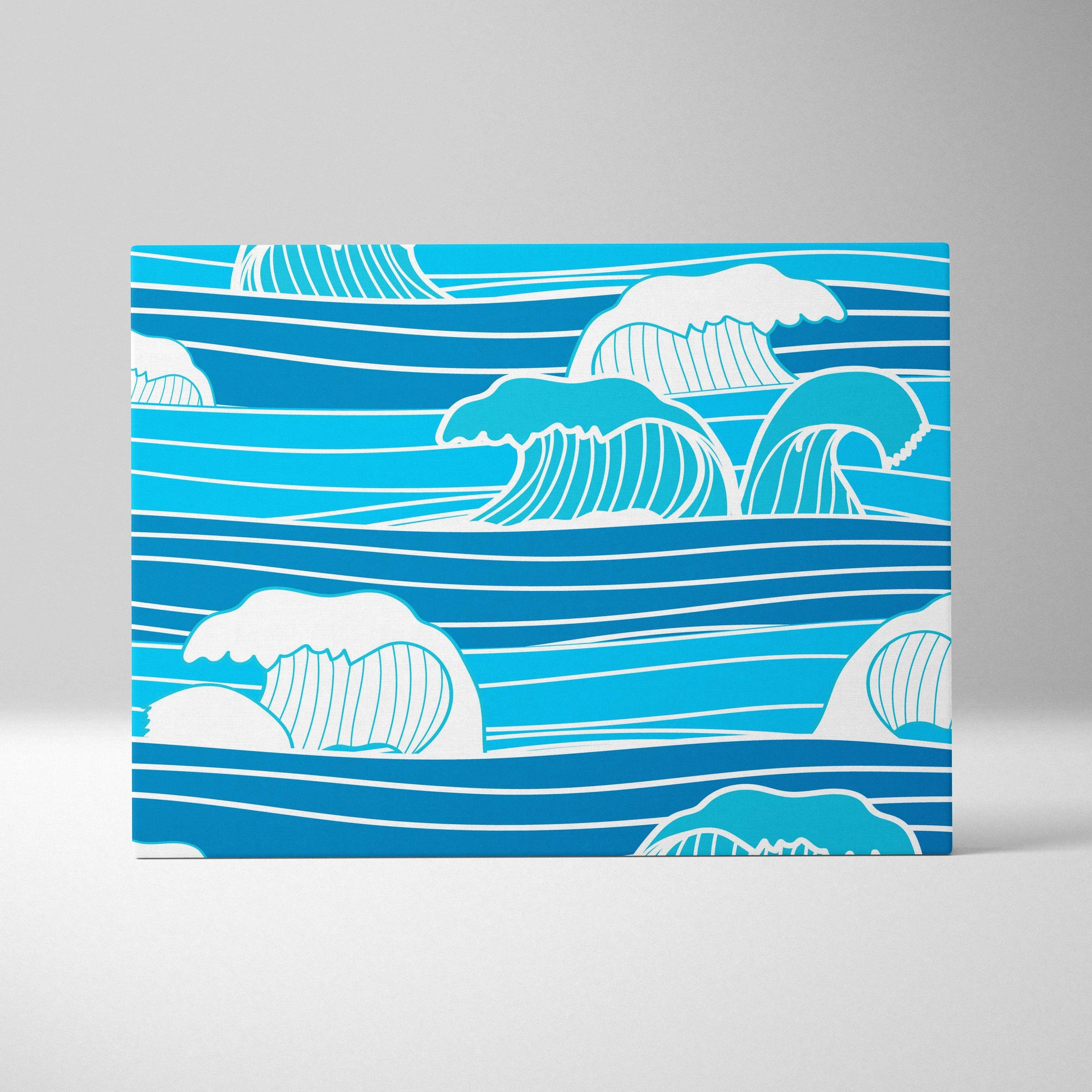 Blue and white ocean wave line art canvas wall decor
