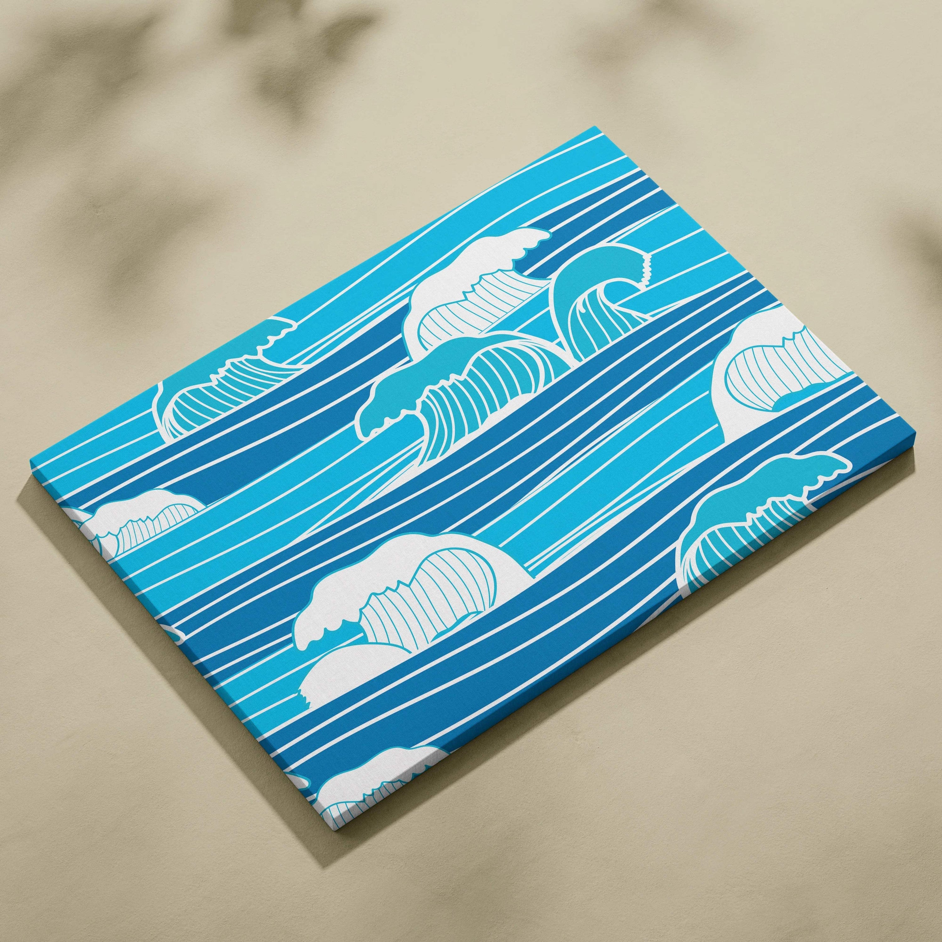 Blue ocean wave canvas wall art with white stylized waves and stripes