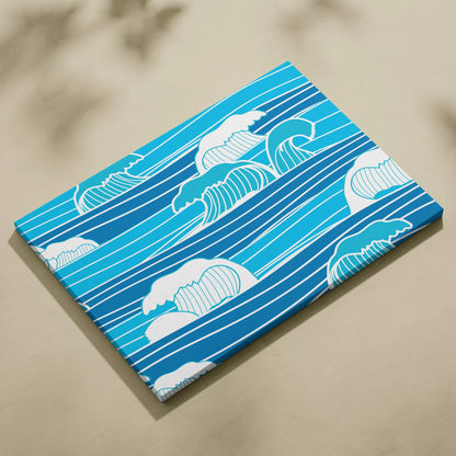 Blue ocean wave canvas wall art with white stylized waves and stripes