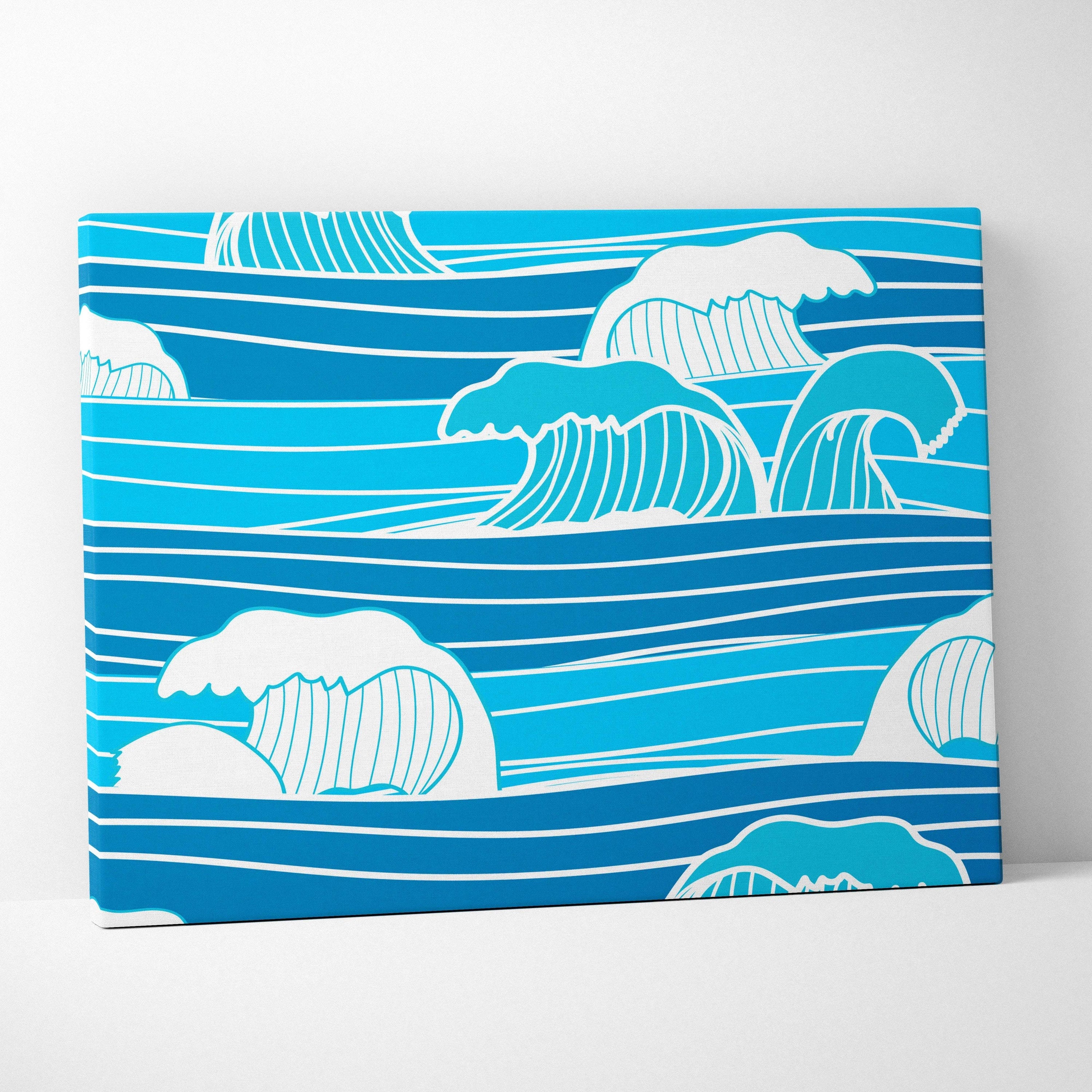 Blue and white ocean wave line art canvas wall print