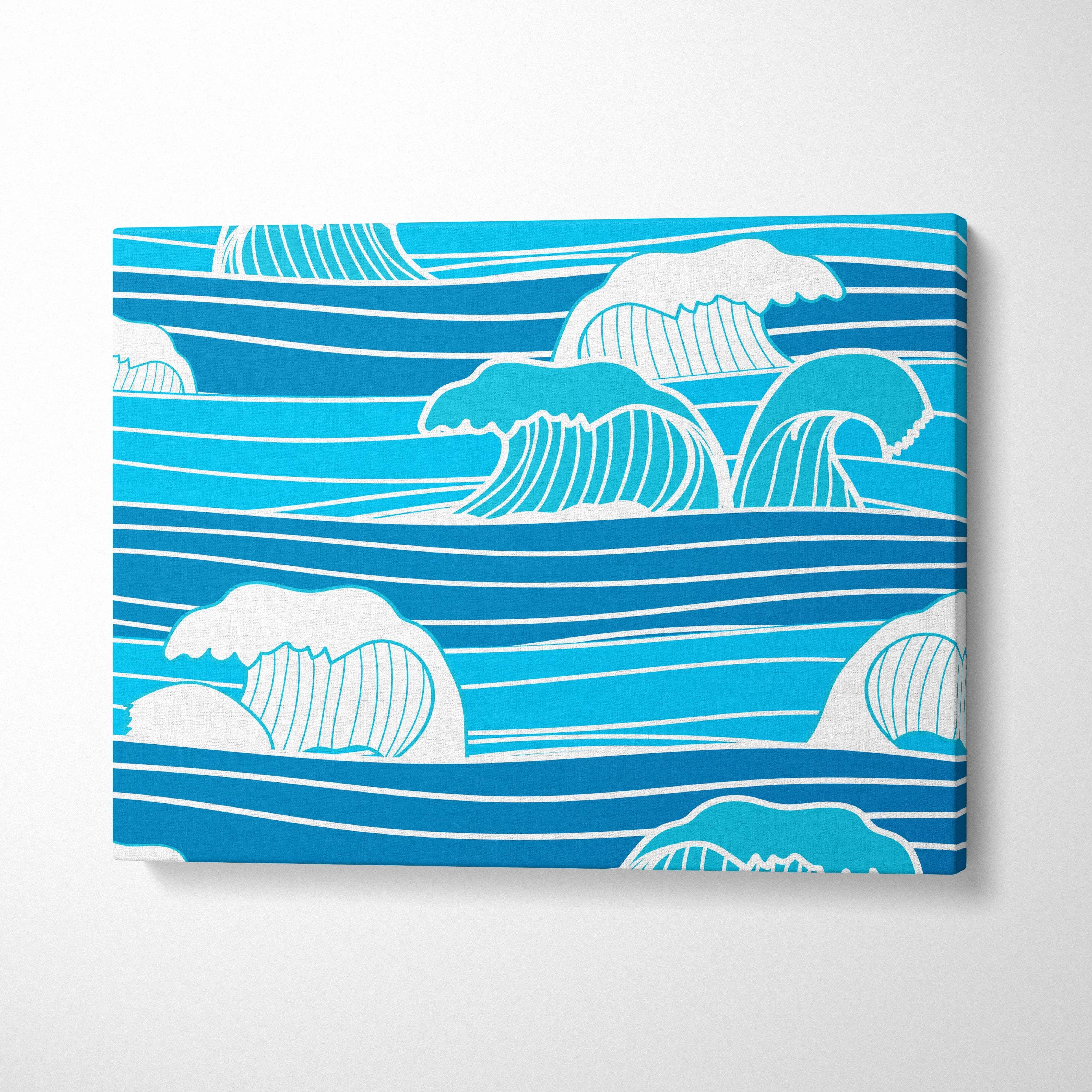Blue and white ocean wave line art canvas wall art modern surf decor