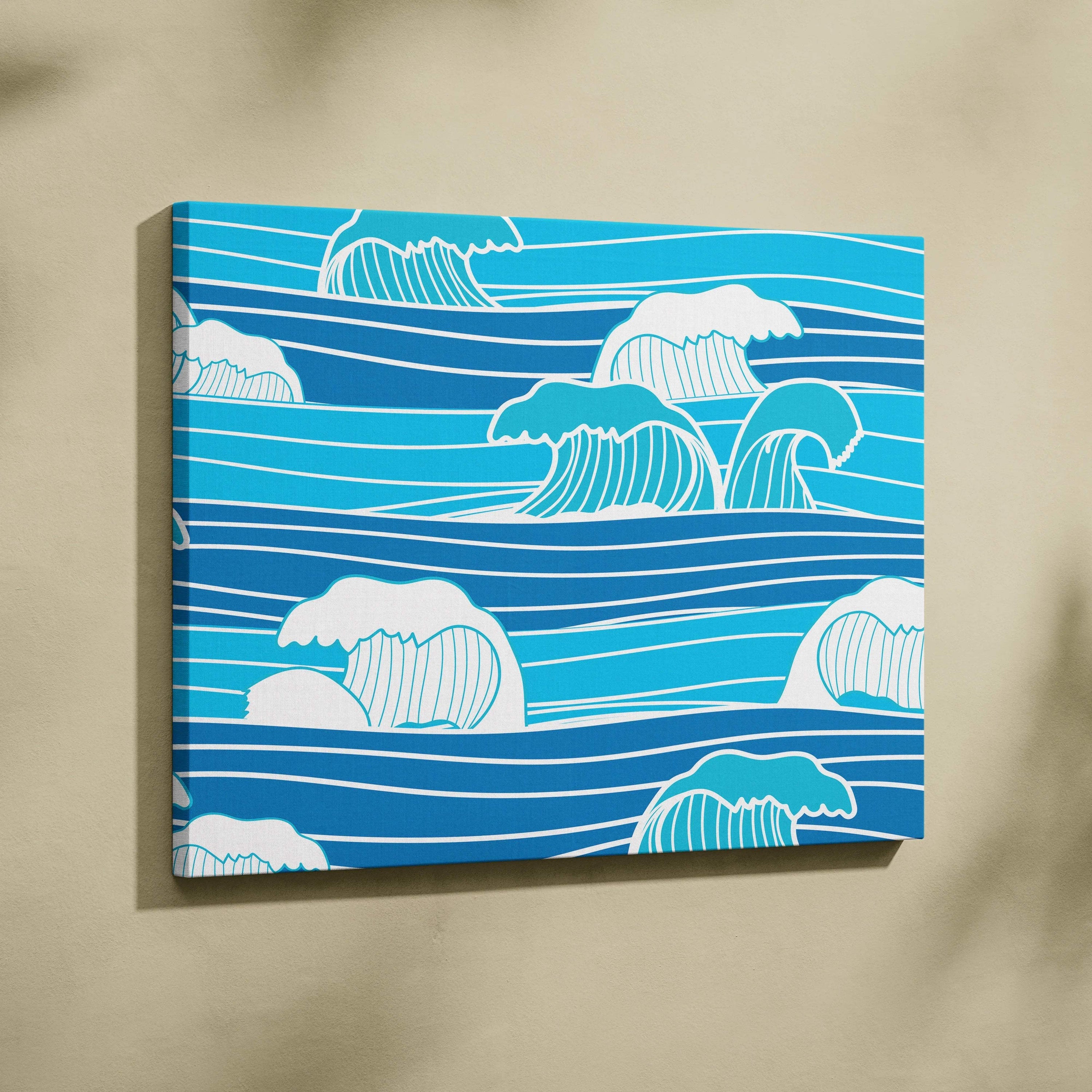Coastal ocean wave line art canvas wall art in blue and white modern surf decor