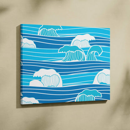 Coastal ocean wave line art canvas wall art in blue and white modern surf decor