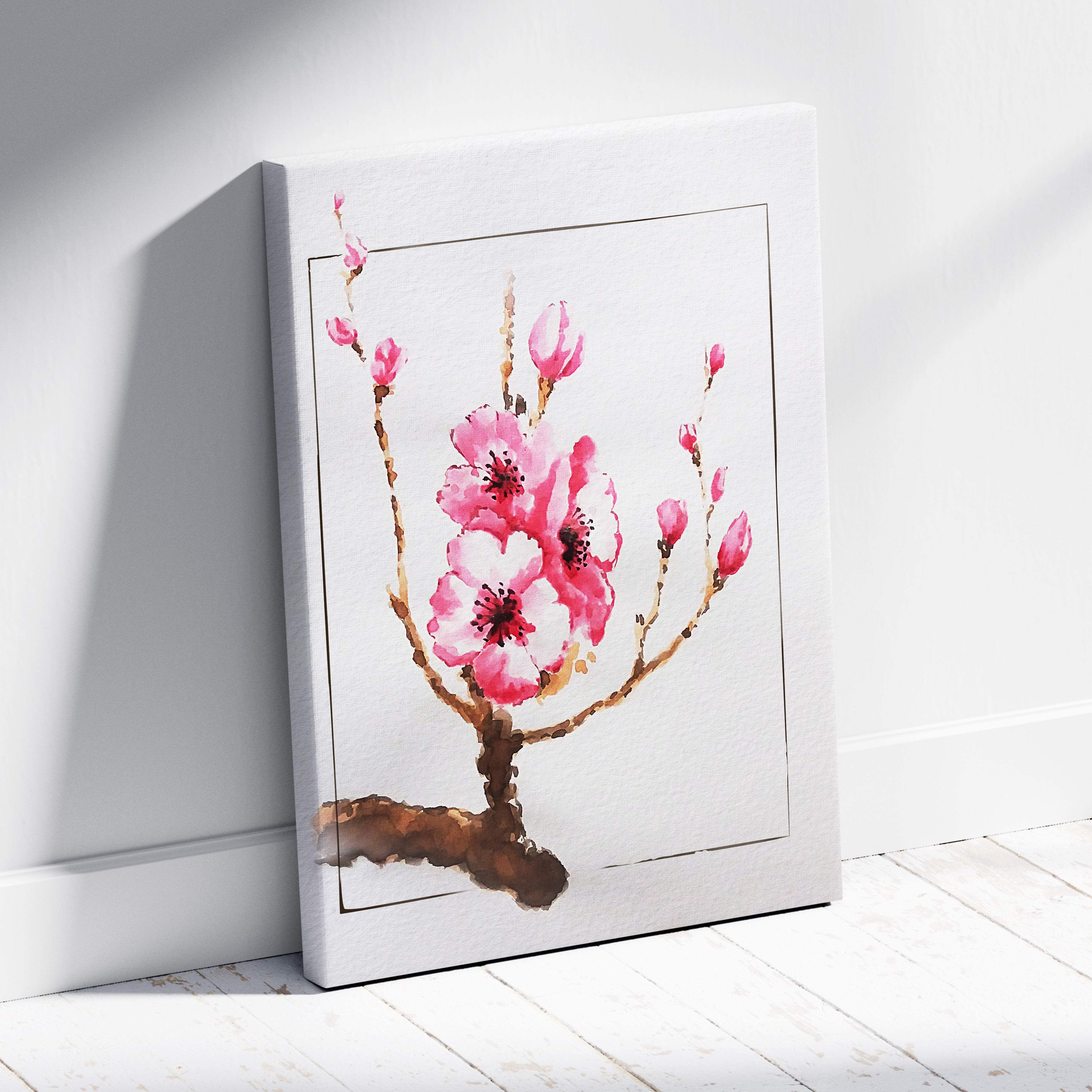 A framed pink cherry blossom watercolor painting on white canvas soft zen floral branch decor for bedroom or living room