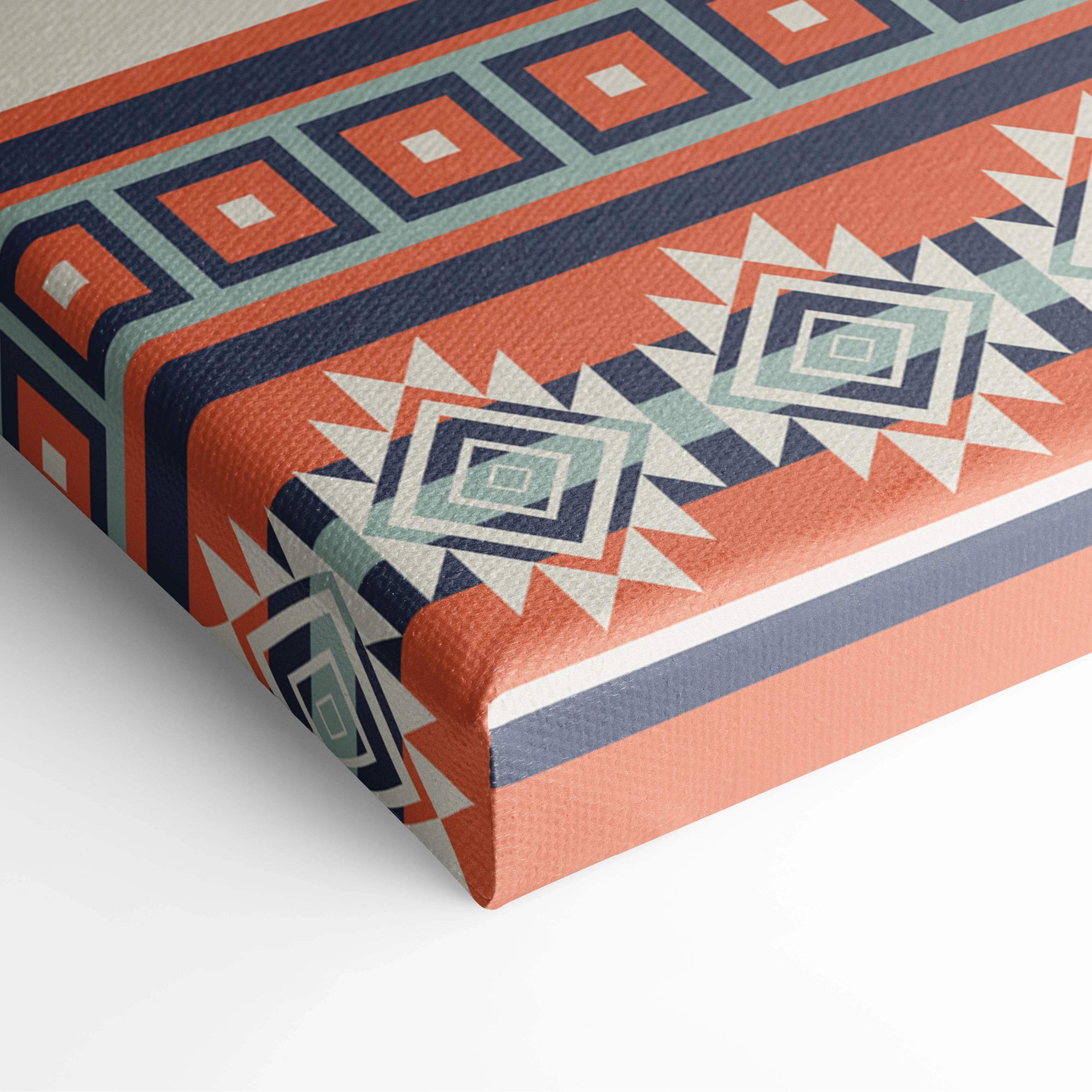 Southwestern tribal geometric diamond canvas wall art in coral teal navy