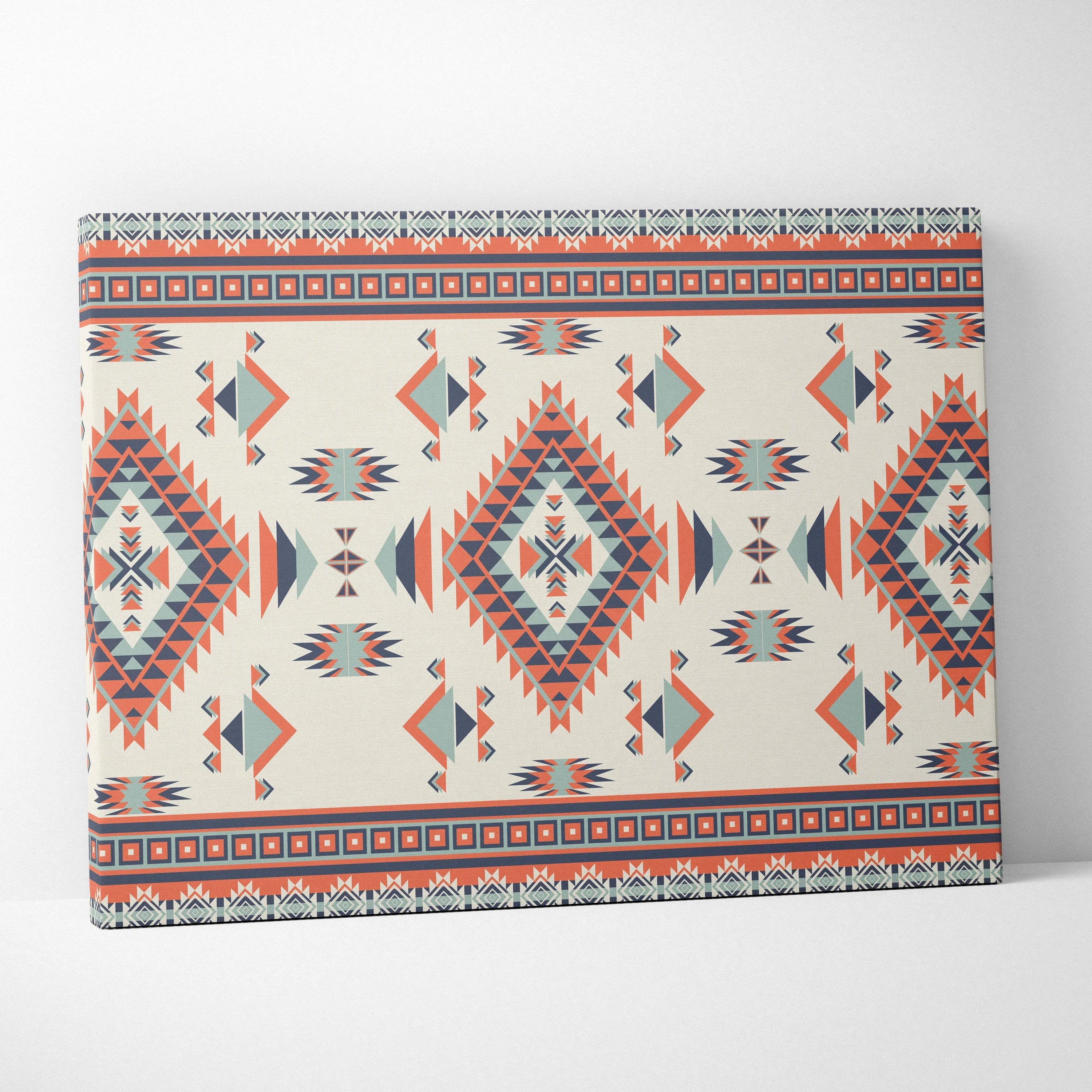 Southwestern tribal geometric diamond pattern canvas art in coral teal navy