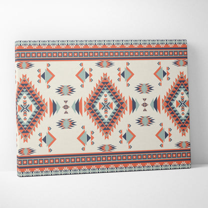 Southwestern tribal geometric diamond pattern canvas art in coral teal navy