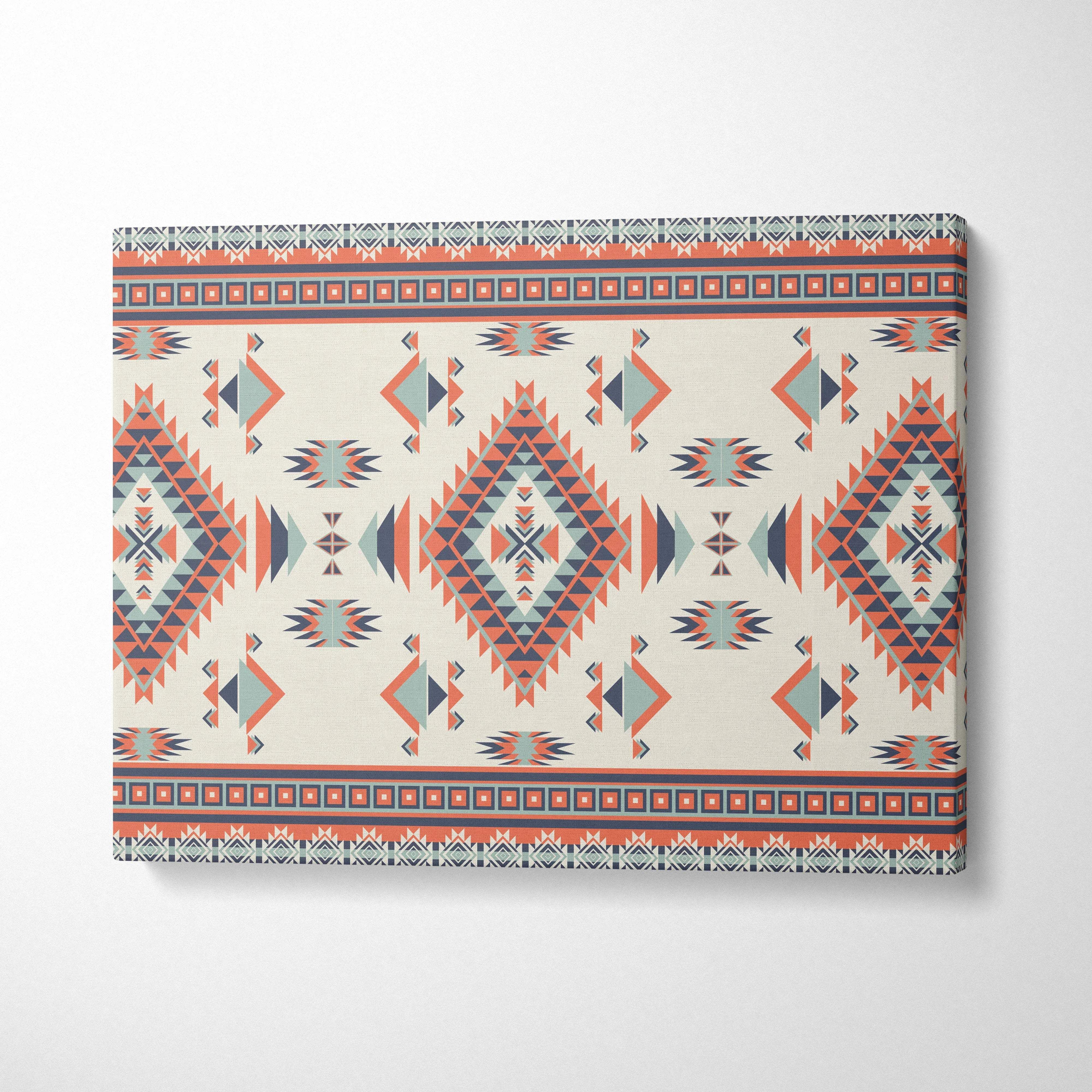 Southwestern tribal geometric diamond canvas art in coral teal navy rust