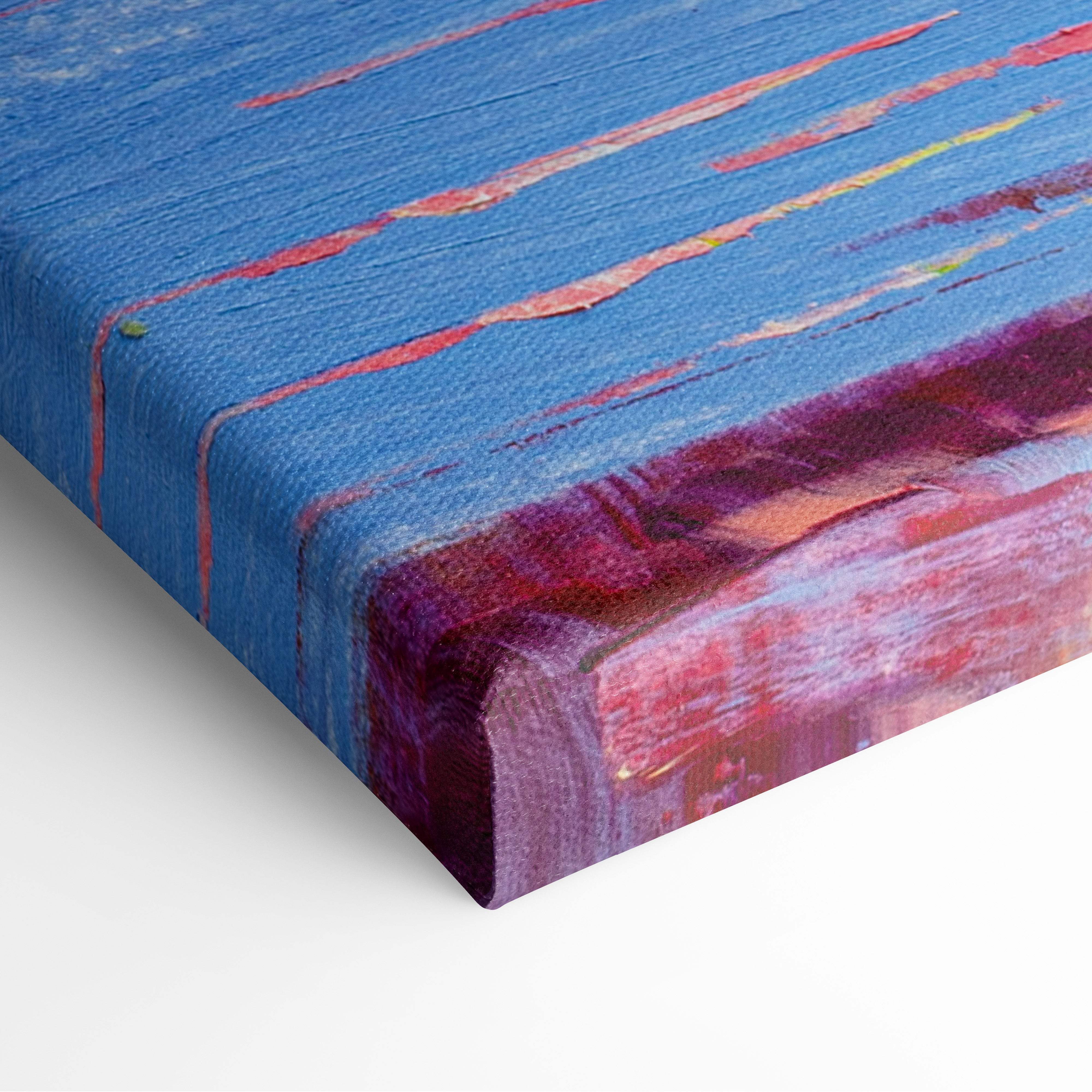 Vibrant city skyline at sunset canvas print featuring blue textured brushstrokes with red pink and purple hues