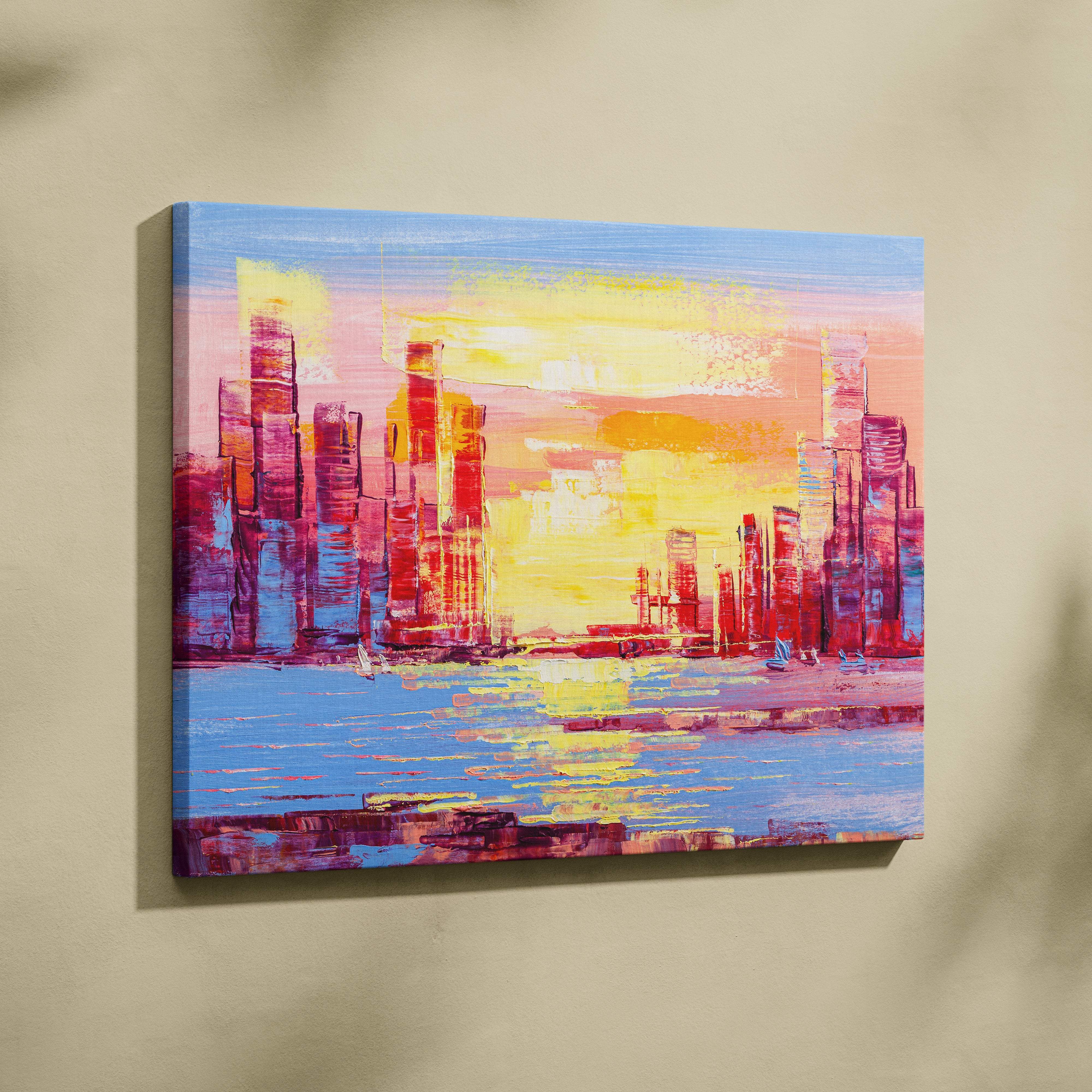 Vibrant city skyline at sunset canvas print with bold yellow orange pink and blue abstract strokes on waterfront