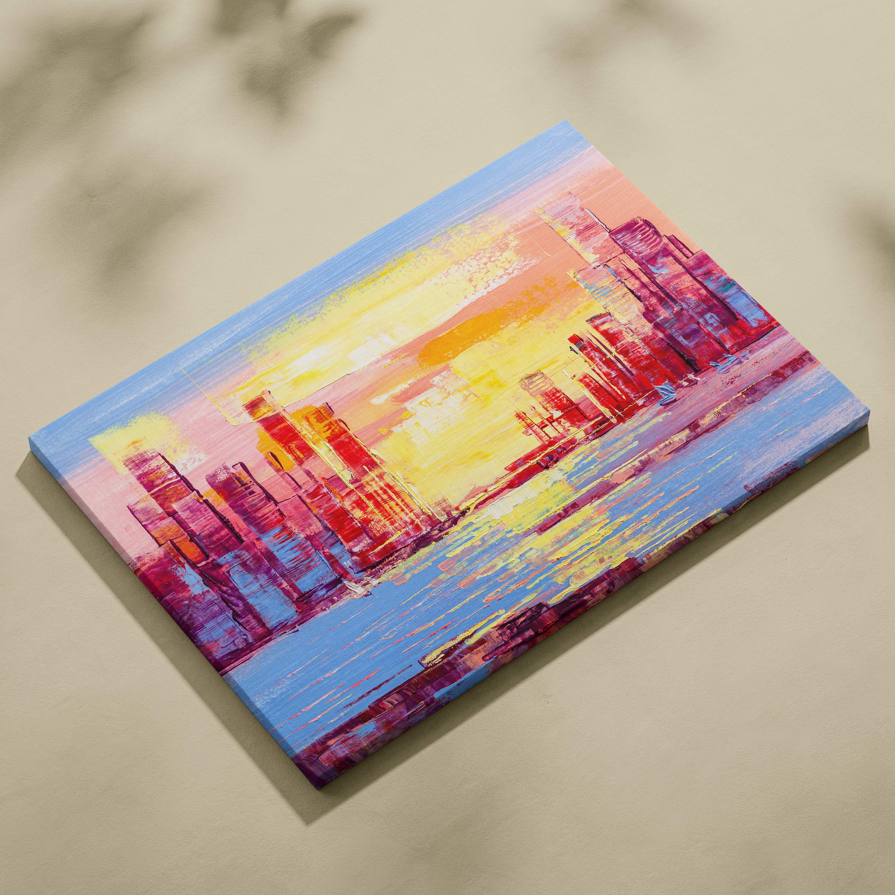 Vibrant city skyline at sunset painting with bold pink yellow and blue strokes on stretched canvas wall art print