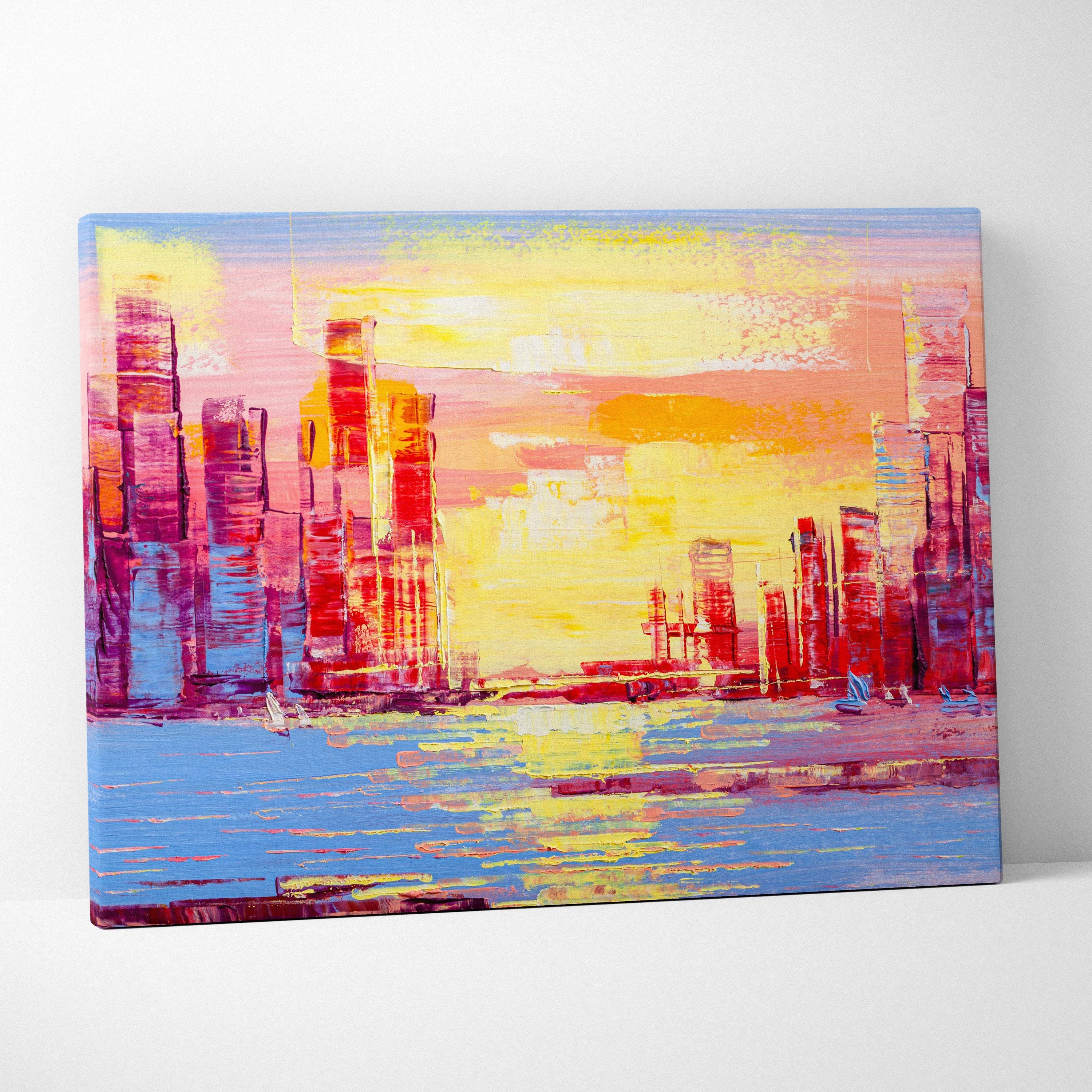 Vibrant city skyline at sunset painting style wall art with bold yellow pink and blue strokes on canvas print