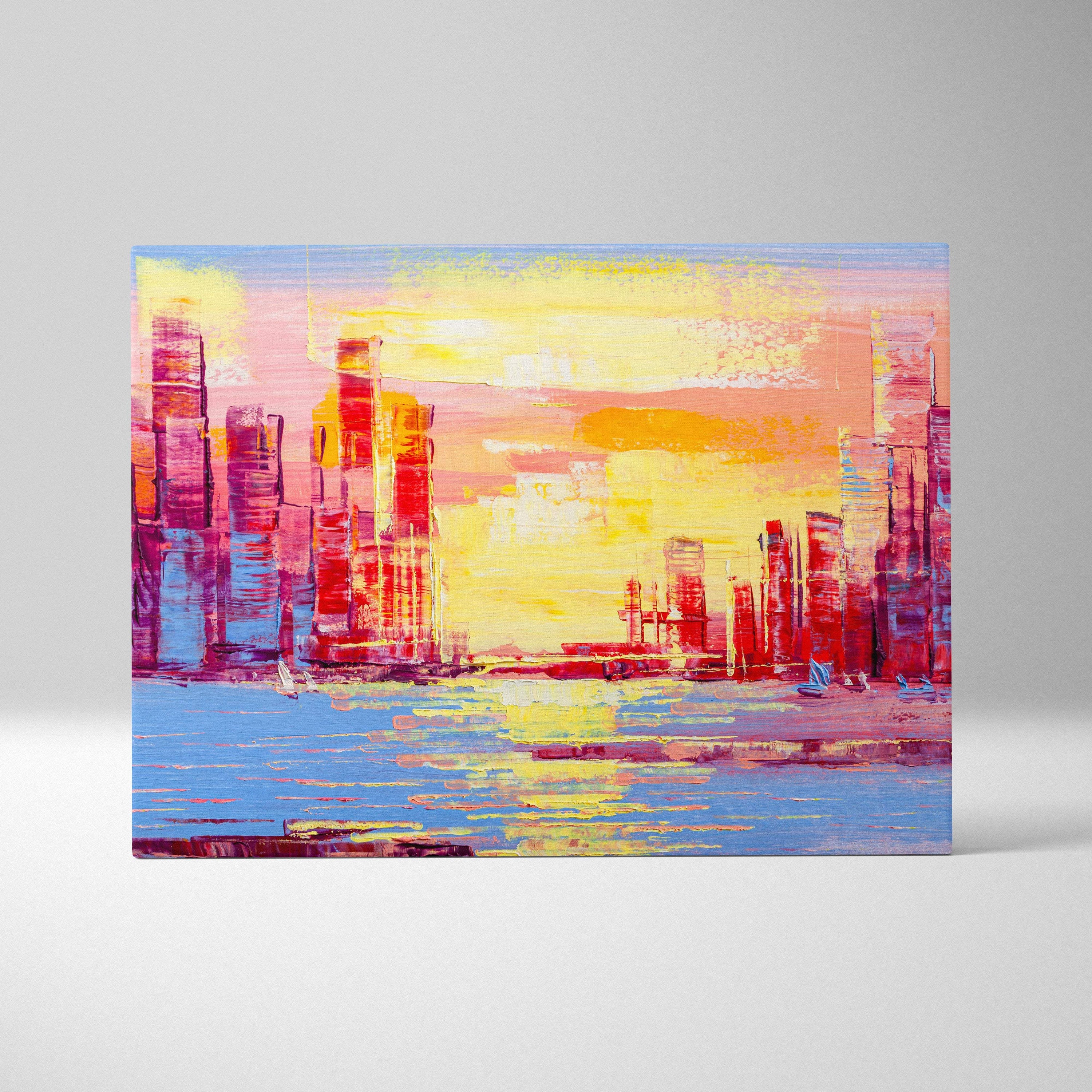 Vibrant city skyline at sunset canvas print with bold yellow orange pink and blue abstract urban waterfront painting