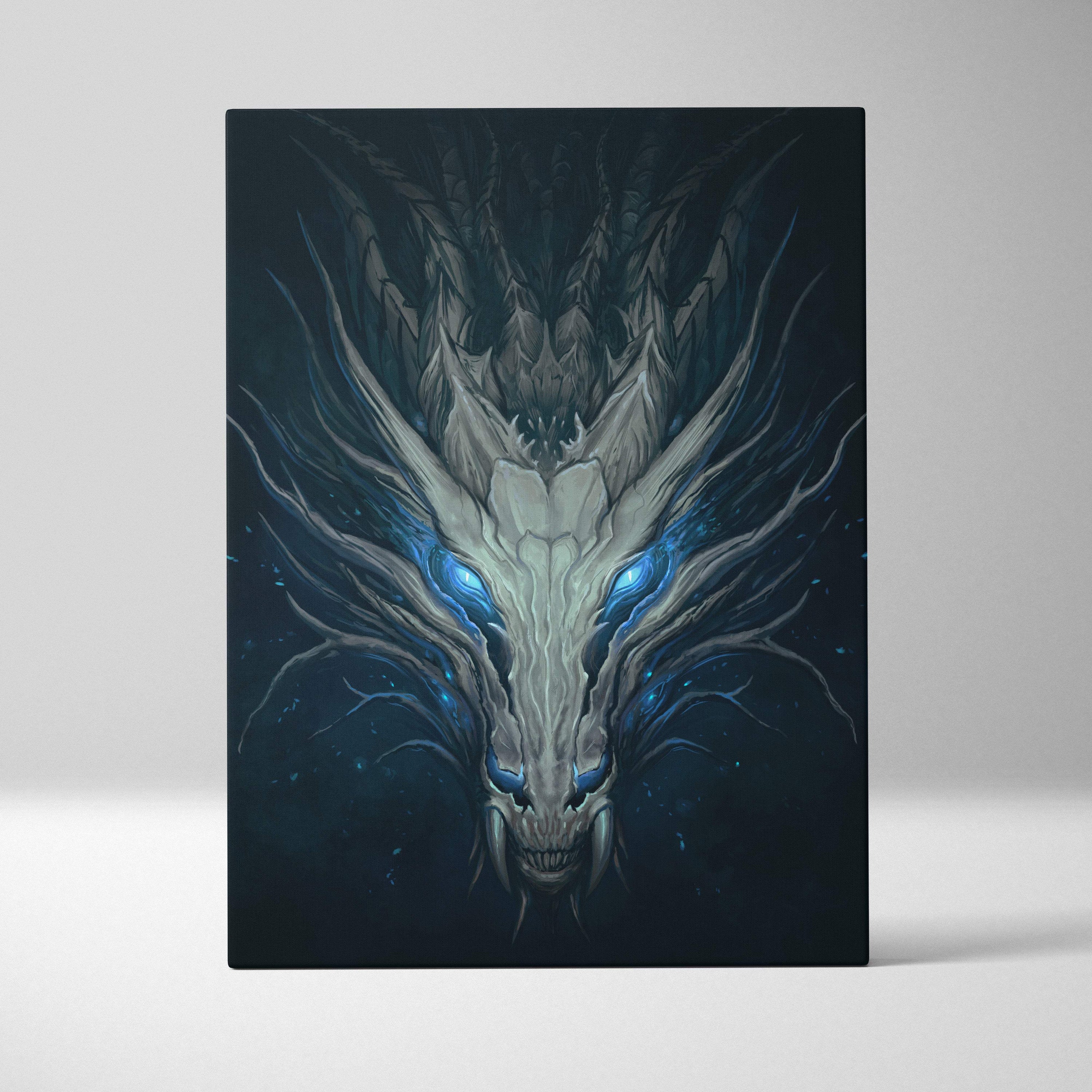 Dragon skull canvas print of a white dragon with glowing blue eyes and spiky scales on a dark gothic background