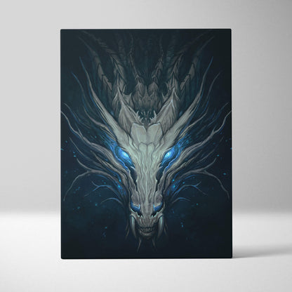 Dragon skull canvas print of a white dragon with glowing blue eyes and spiky scales on a dark gothic background