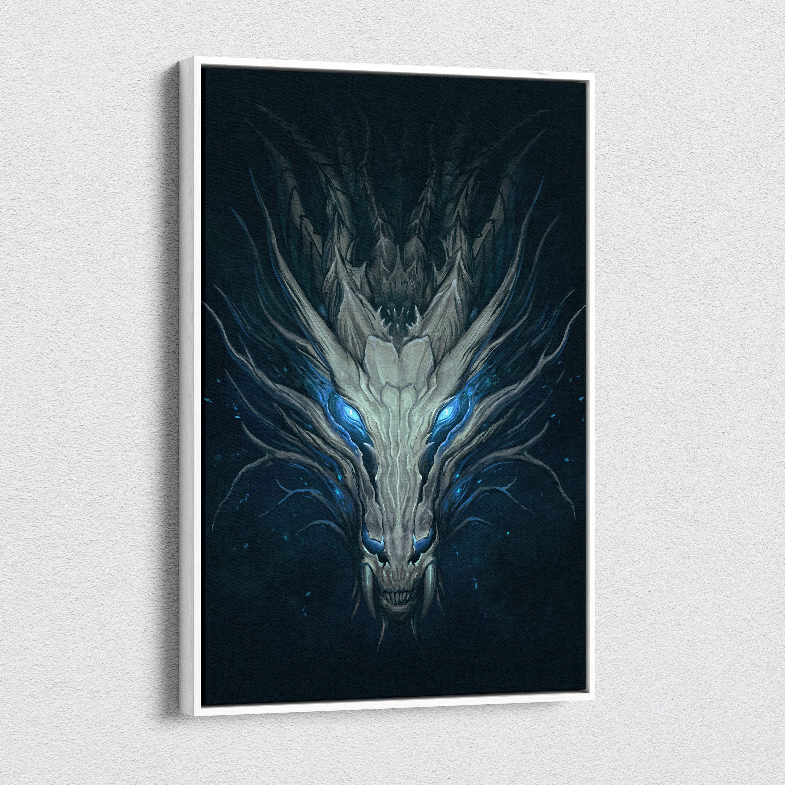A framed dragon skull canvas print with a menacing white dragon with blue eyes on dark gothic fantasy wall art