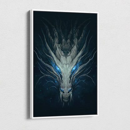 A framed dragon skull canvas print with a menacing white dragon with blue eyes on dark gothic fantasy wall art
