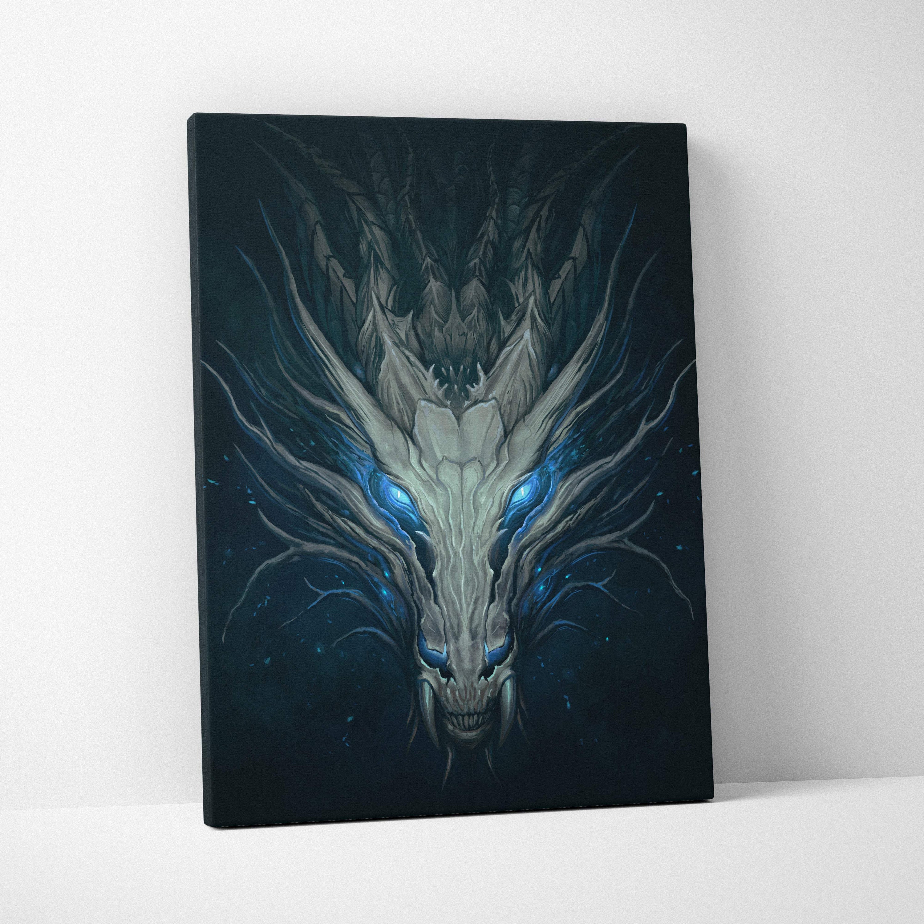 Black canvas print featuring a menacing white dragon with glowing blue eyes in a dark gothic fantasy style wall art