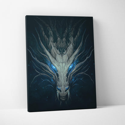Black canvas print featuring a menacing white dragon with glowing blue eyes in a dark gothic fantasy style wall art