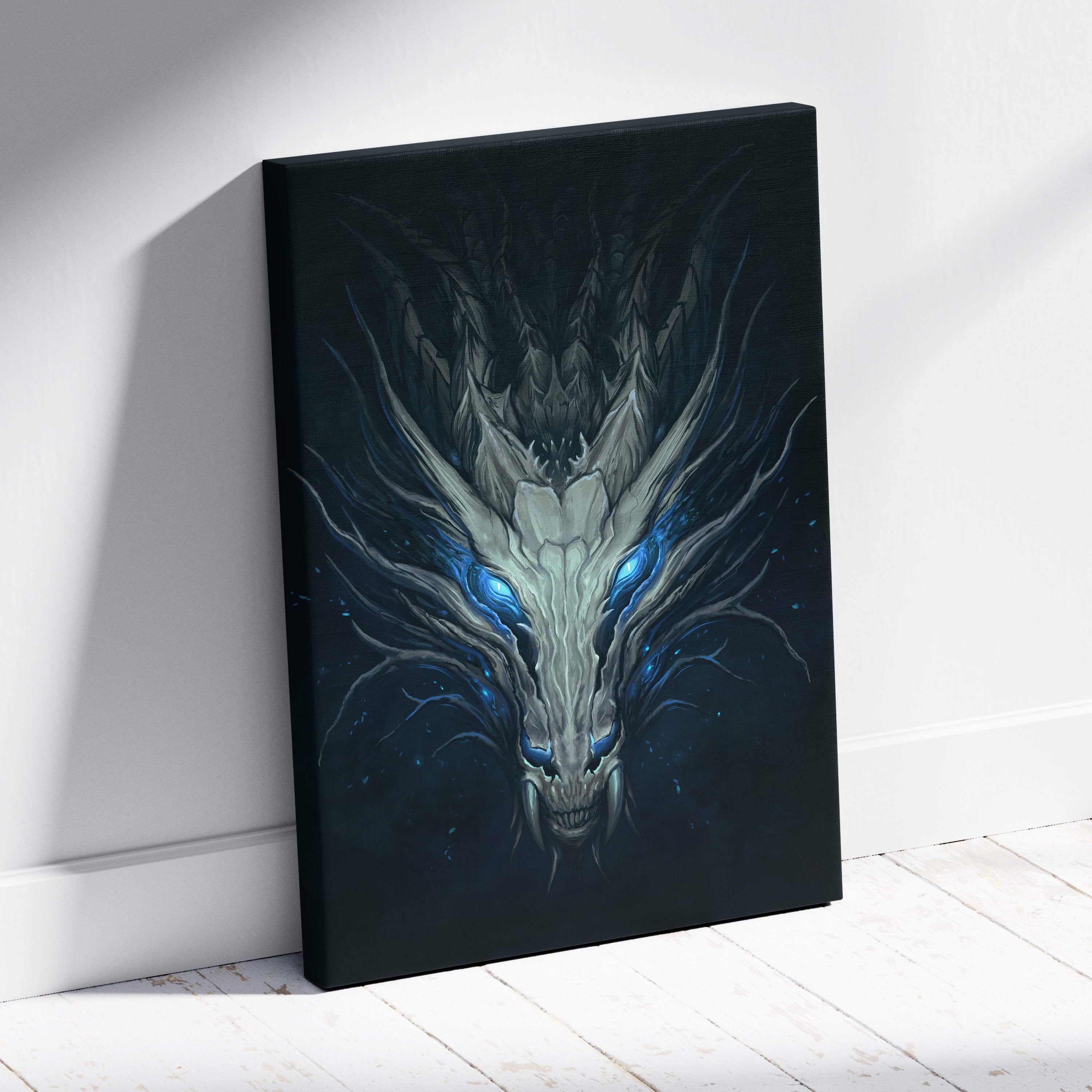 Black canvas print featuring a menacing dragon with glowing blue eyes and textured scales for gothic wall art