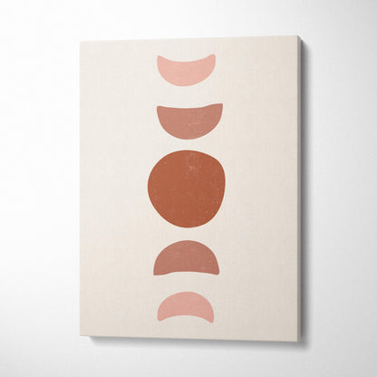 Minimalist geometric balance wall art featuring vertical terracotta and blush moon phases on a cream canvas print