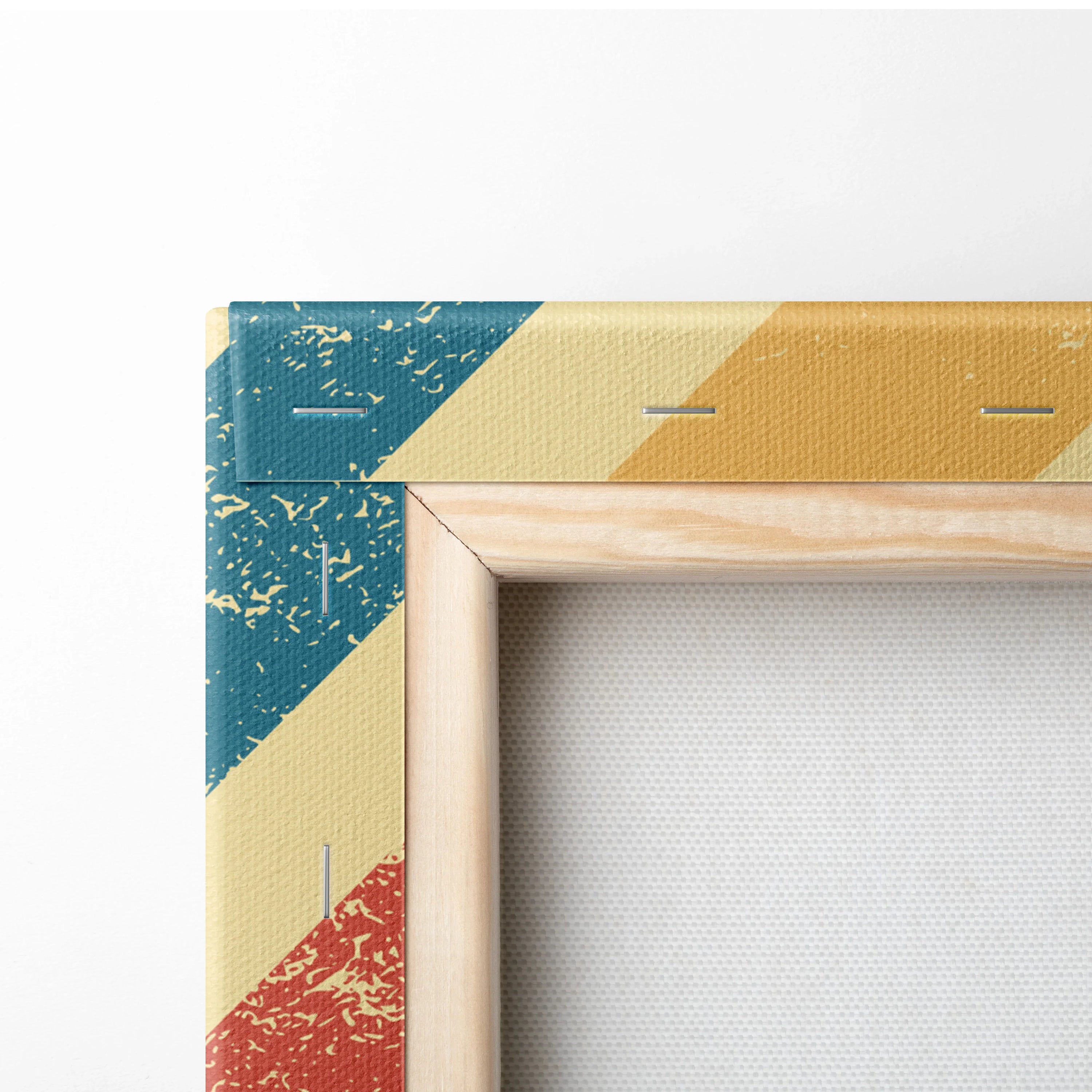 Retro geometric chevron canvas wall art in teal, mustard, red, distressed texture