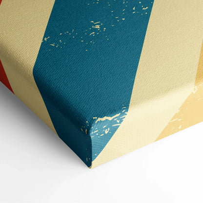 Retro teal chevron canvas wall art with distressed texture on cream