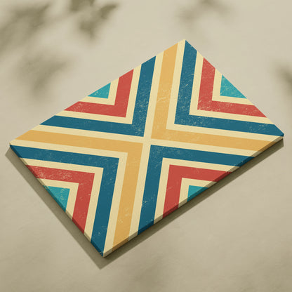 Retro geometric chevron canvas wall art in teal, mustard, red