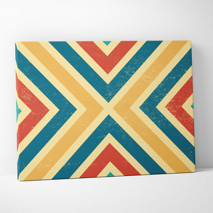 Retro geometric chevron canvas wall art in teal, mustard, red distressed texture