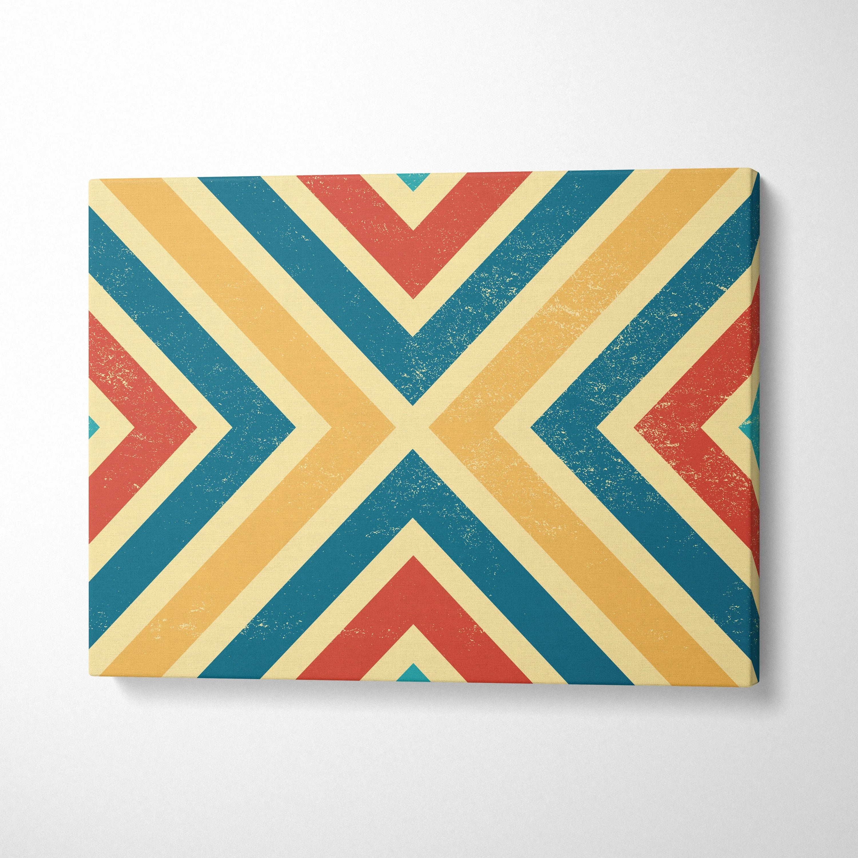 Retro chevron canvas wall art in teal, mustard, red with distressed texture