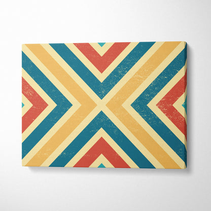 Retro chevron canvas wall art in teal, mustard, red with distressed texture