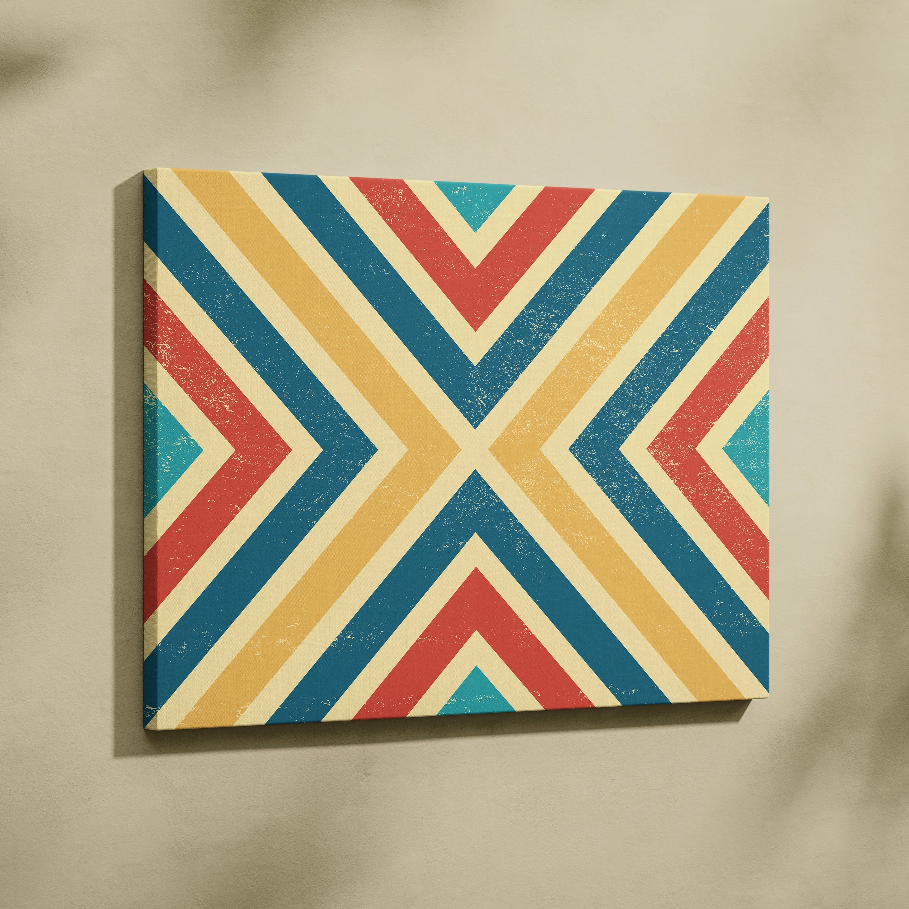 Retro chevron canvas wall art in teal, red, mustard on cream