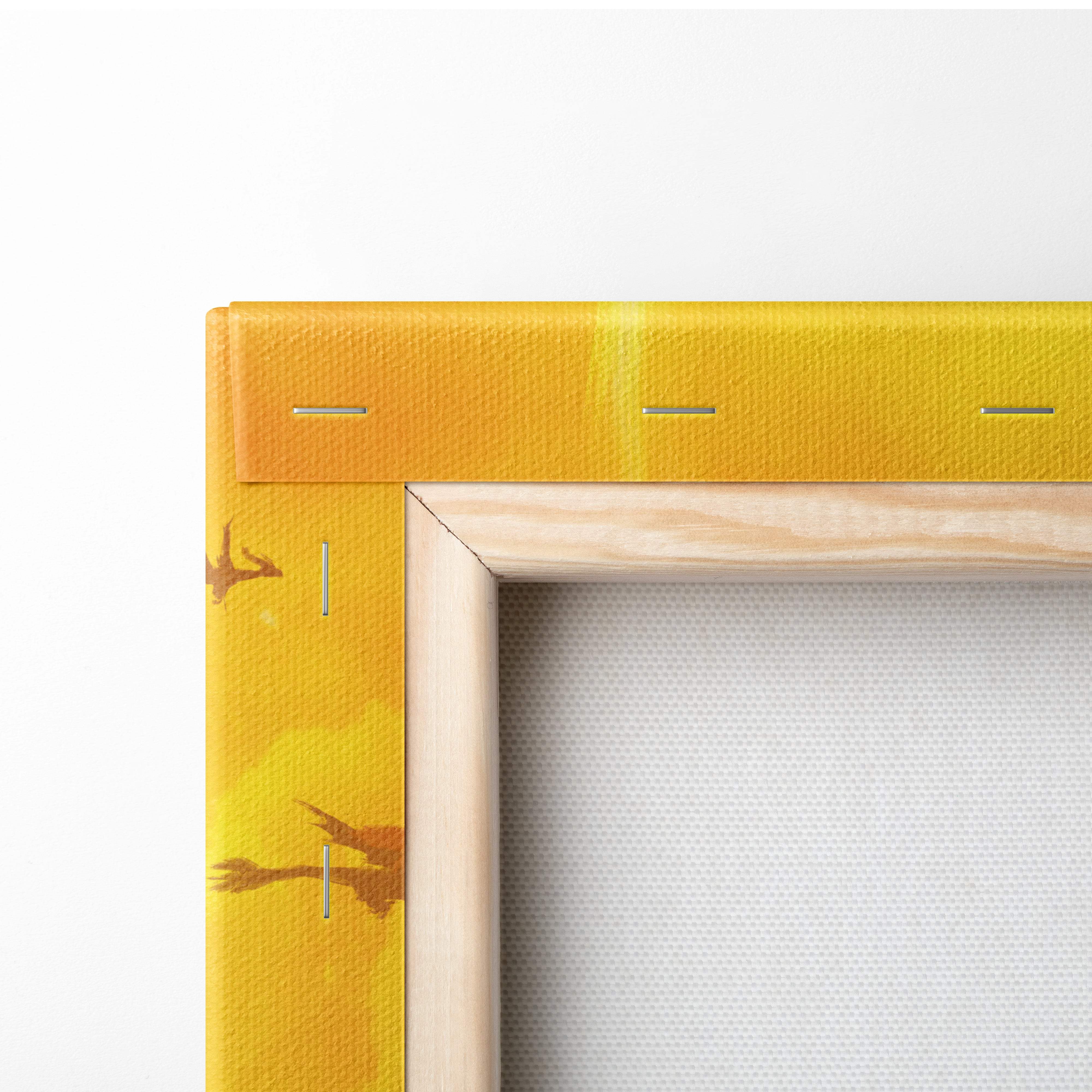 Yellow canvas wall art with wooden frame and stitched edges featuring subtle giraffe silhouettes for decorative use