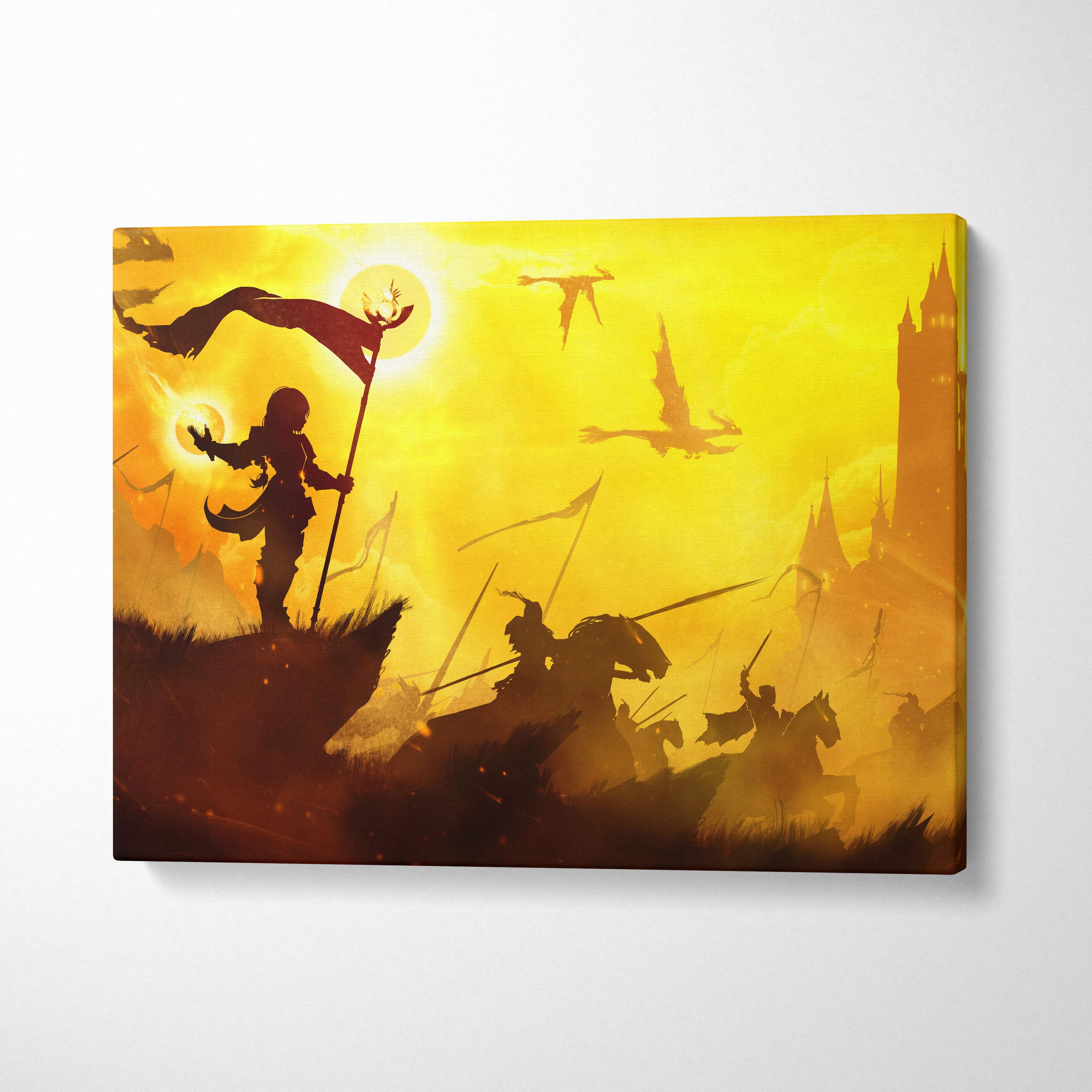 Golden fantasy battle canvas wall art depicting a warrior silhouette with flag against radiant sun with dragons and castle spires