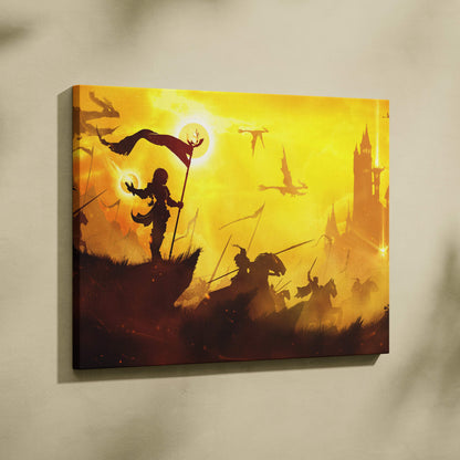 Golden fantasy battle canvas wall art featuring vibrant yellow print with warrior silhouettes dragons and castle against orange sunset