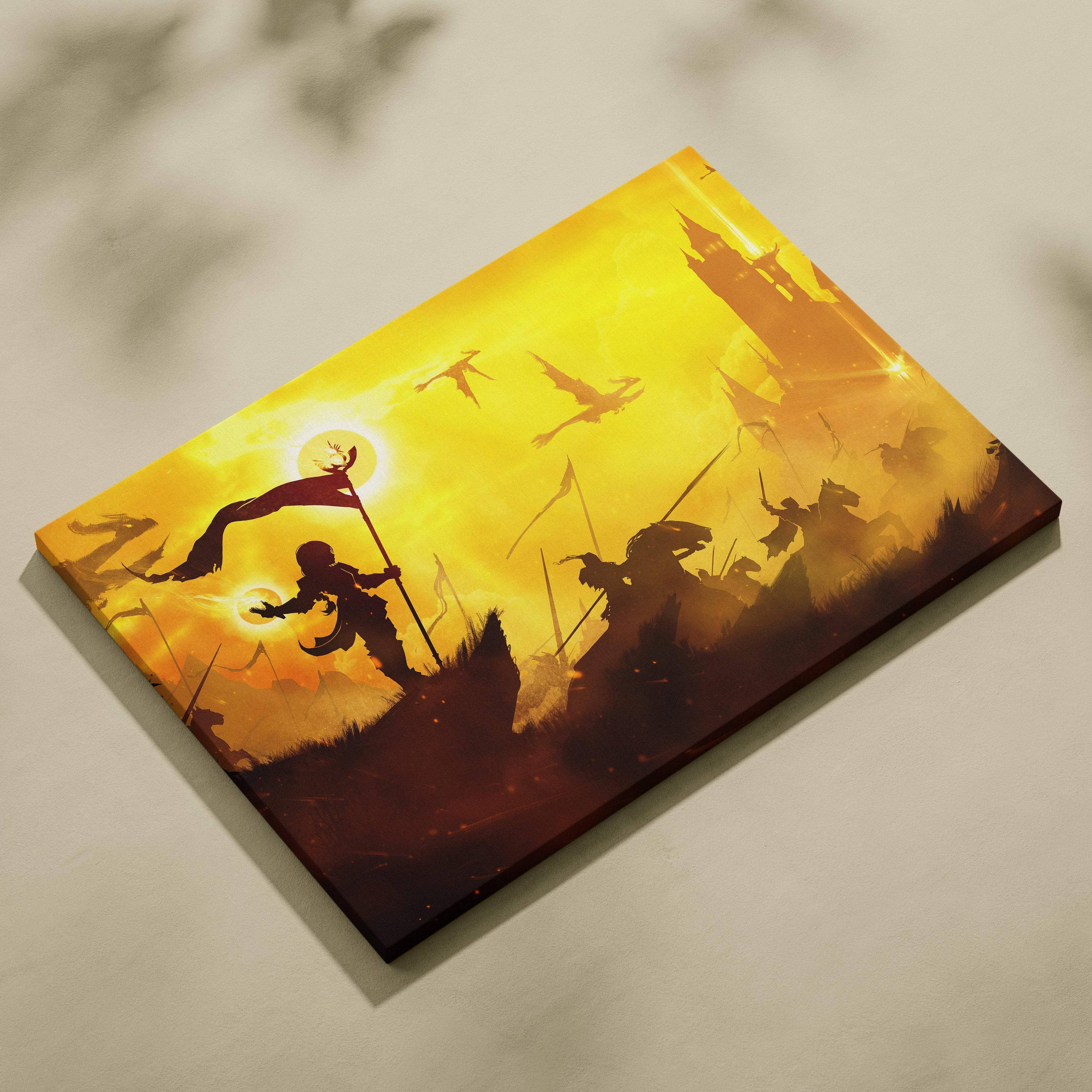 Rectangular canvas print of a golden fantasy battle with warrior silhouettes and dragons at sunset for medieval decor