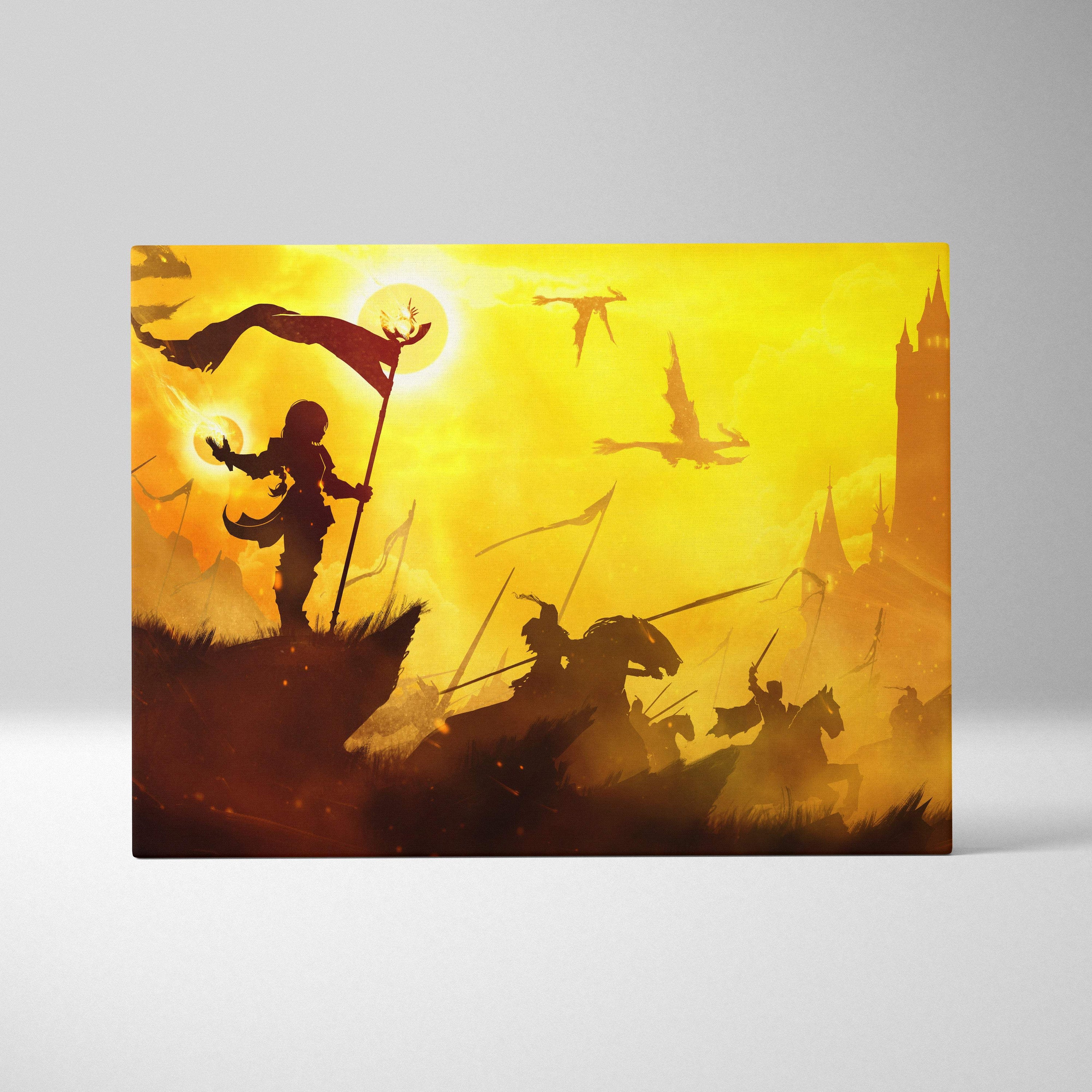 Golden fantasy battle canvas wall art depicting silhouetted warriors dragons and a castle against an epic orange sunset