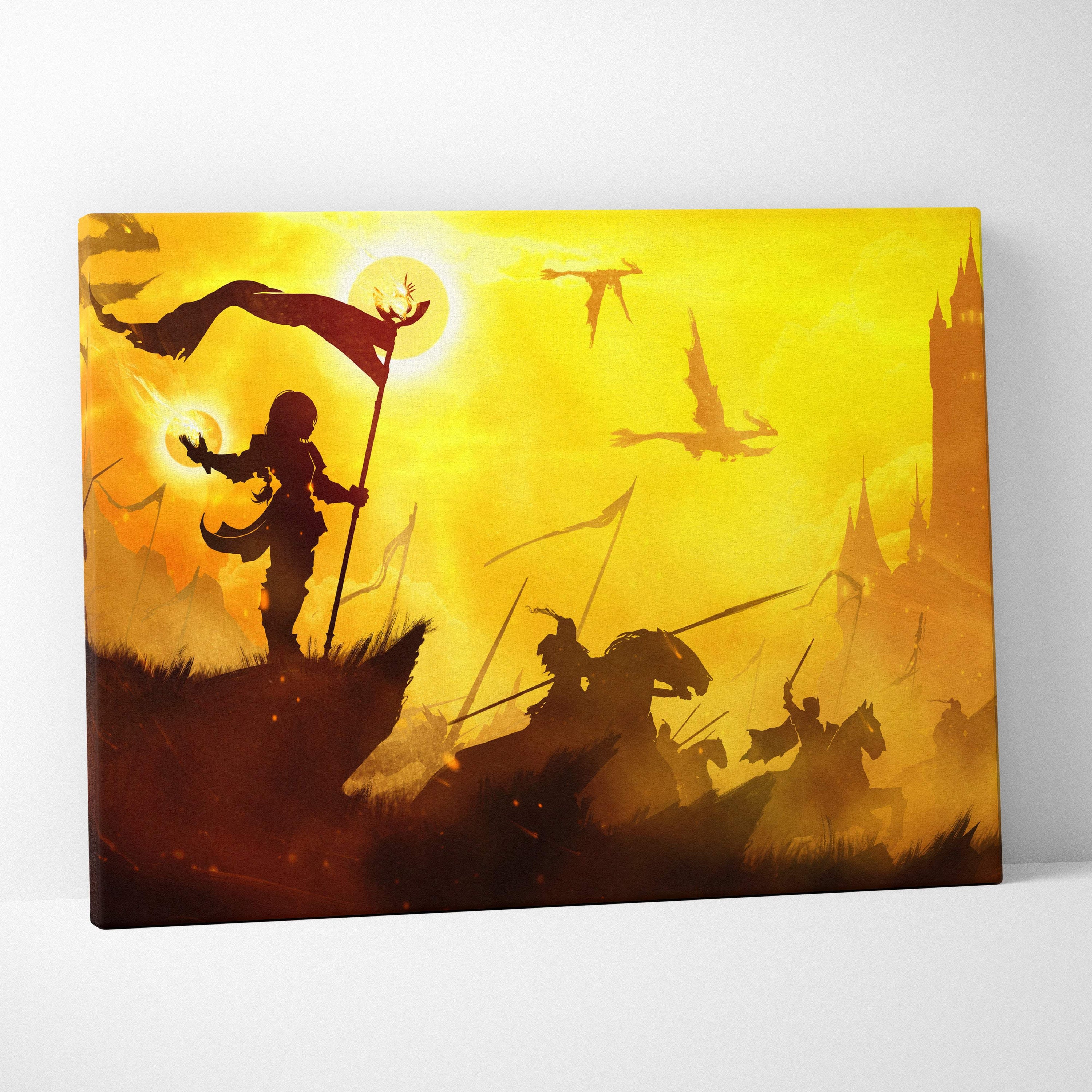 Golden fantasy battle canvas wall art featuring vibrant yellow and orange dragons castles and warrior silhouettes at sunset