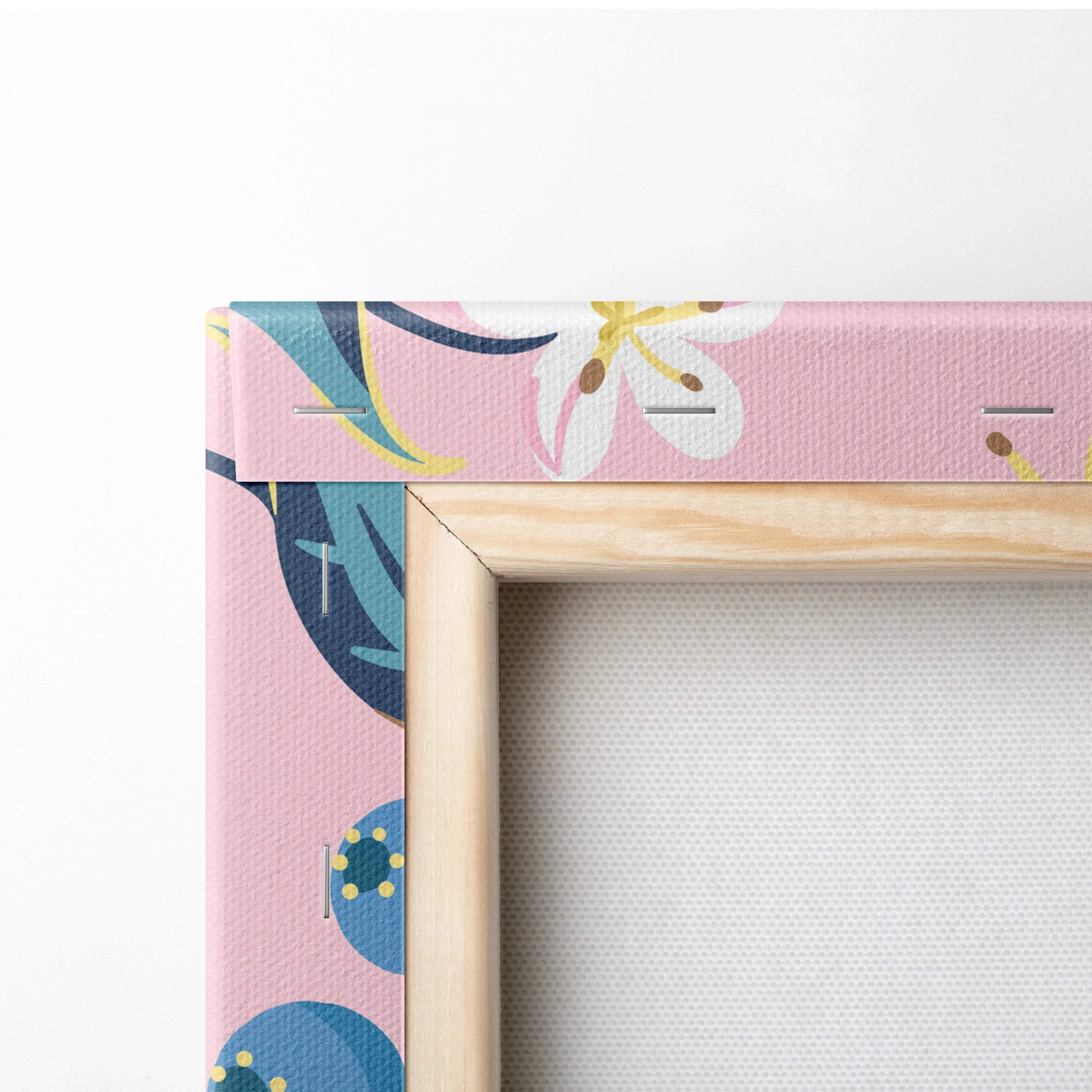 Pink floral canvas in light wood frame with strawberries blossoms berries