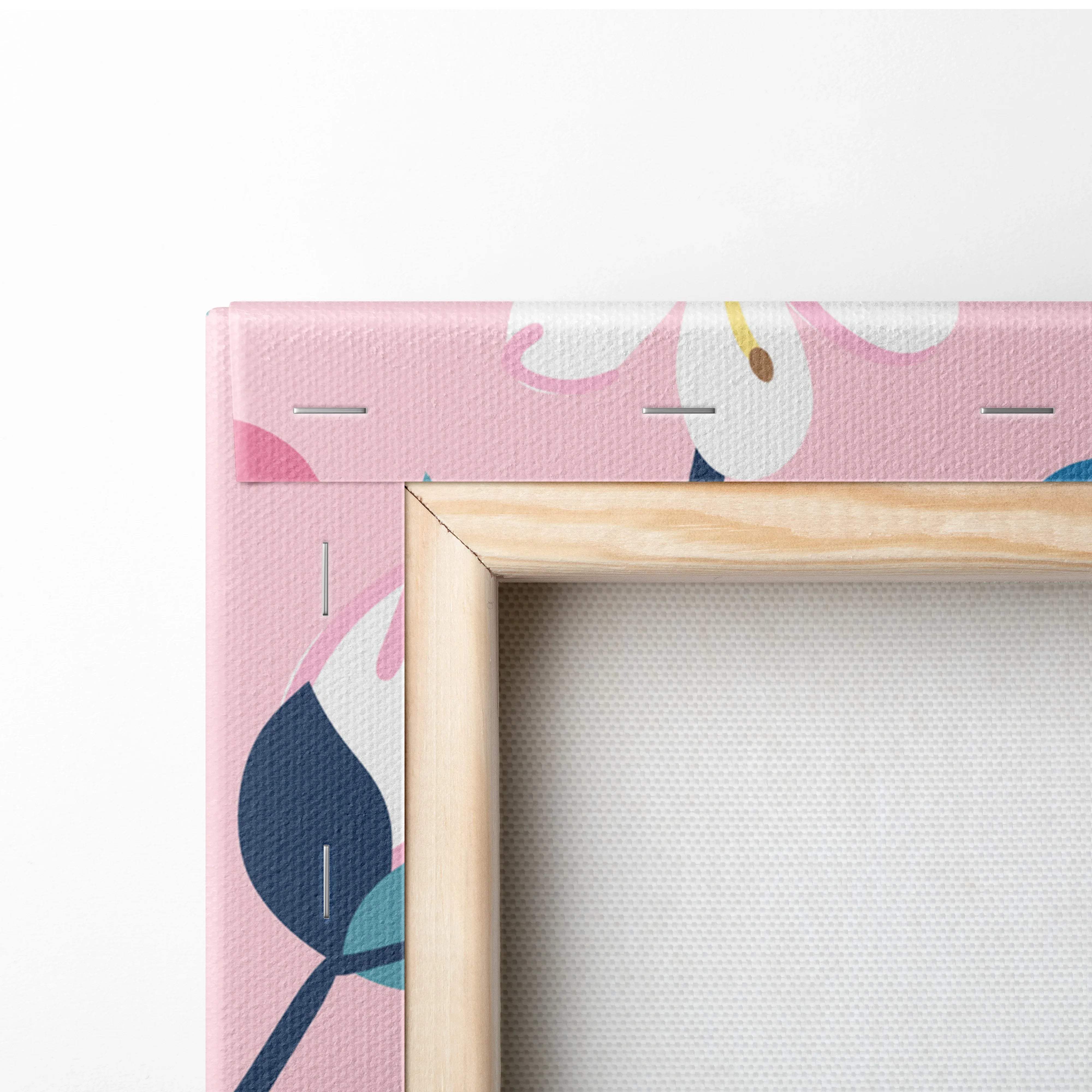 Pink floral strawberry pattern canvas wall art in light wood frame