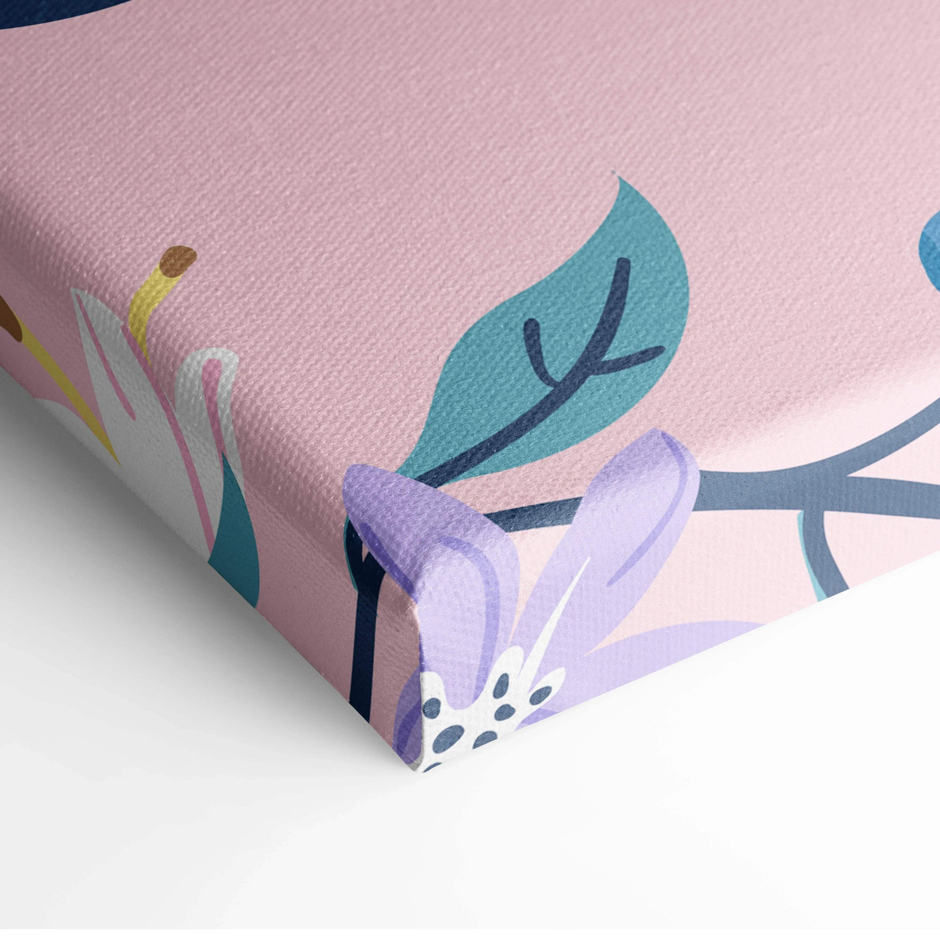 Pastel floral canvas art with strawberries, blossoms, berries in pink, lavender, teal