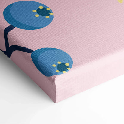 Pink canvas with stylized blue tree yellow dotted canopy wall art