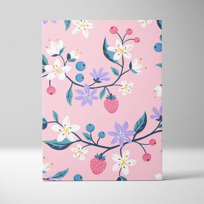 Pastel seamless floral pattern canvas wall art with pink strawberries blossoms berries