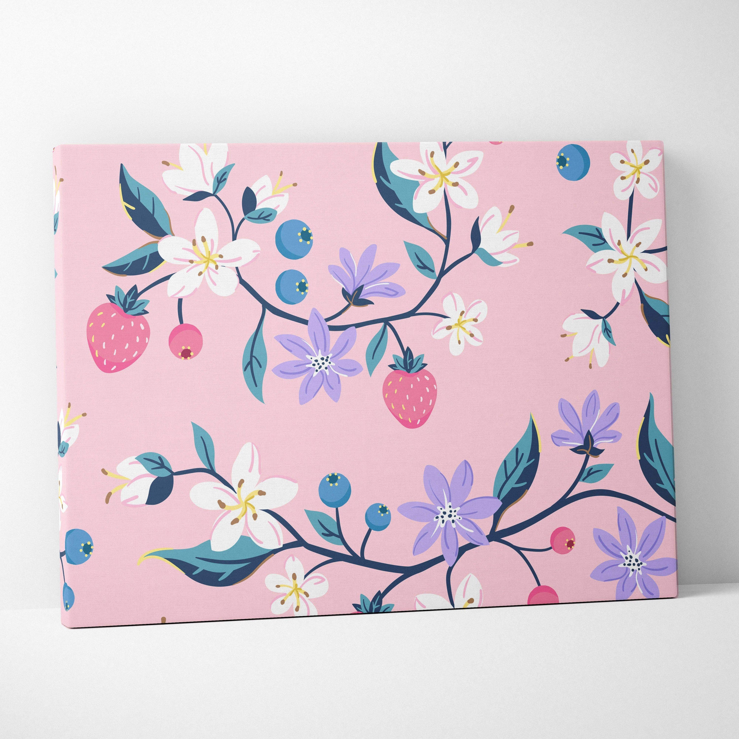 Pink canvas wall art with floral strawberry blueberry pattern