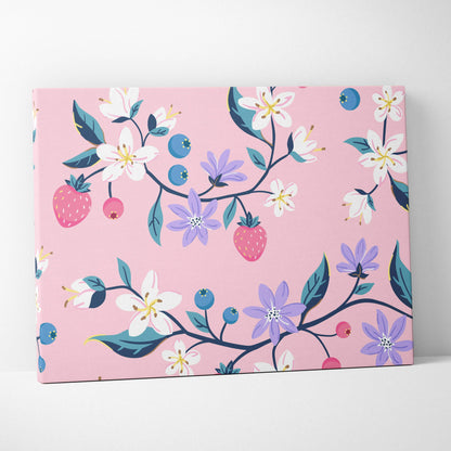 Pink canvas wall art with floral strawberry blueberry pattern