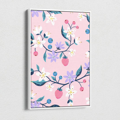 Pastel floral canvas wall art with strawberries, blossoms, berries in pink lavender teal
