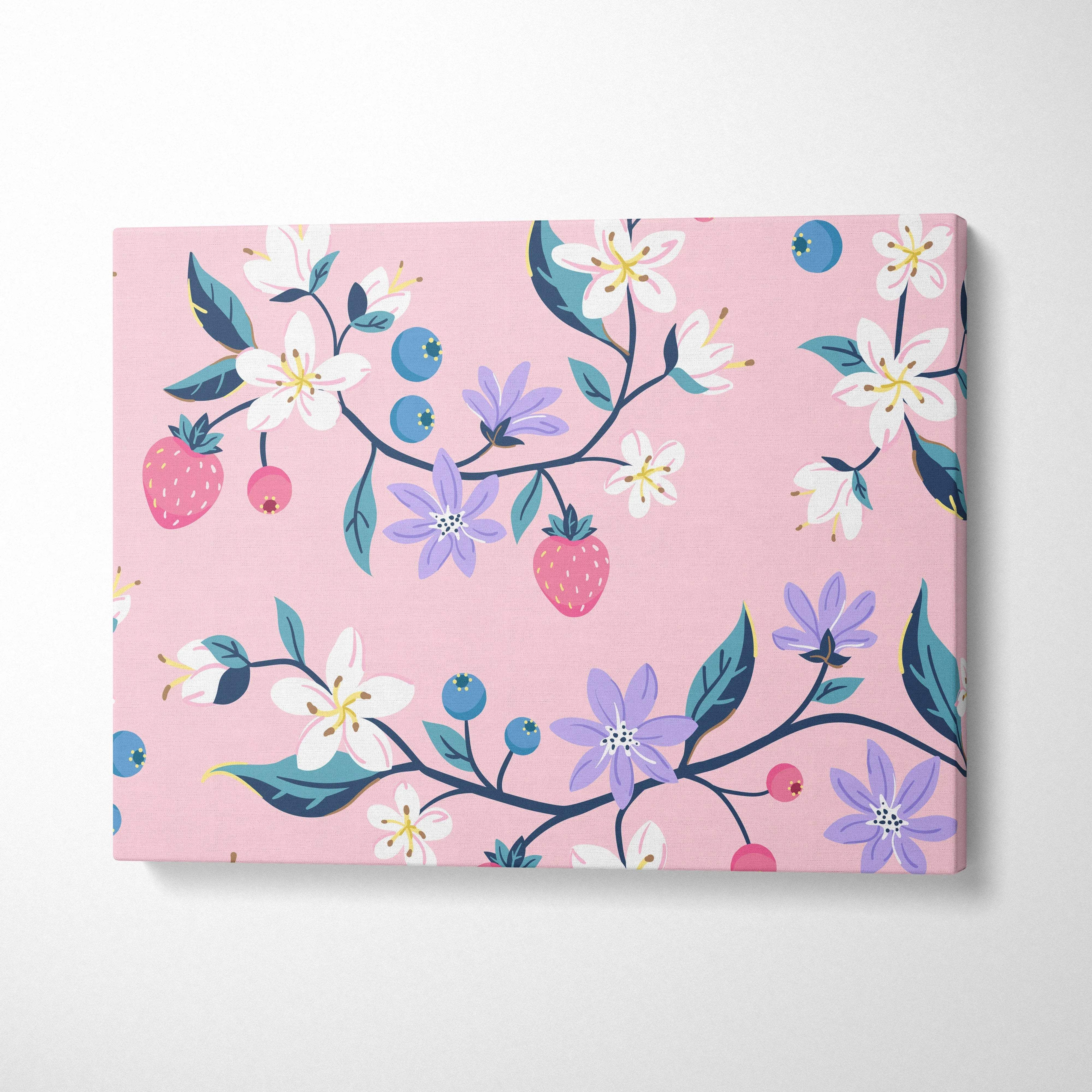 Pink canvas wall art with floral strawberry pattern in lavender teal