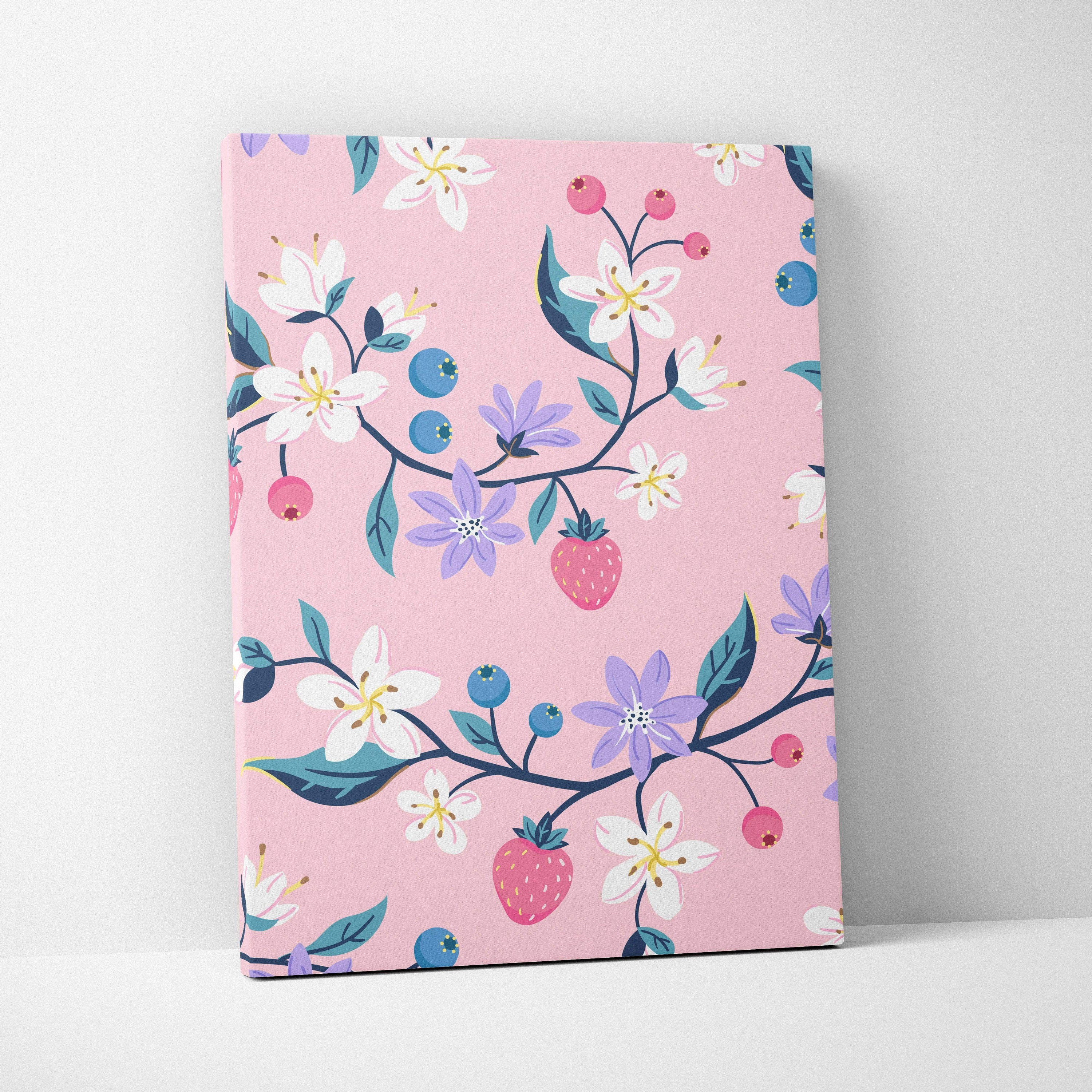 Pink canvas wall art with strawberries, blossoms, berries in lavender teal mood