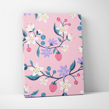 Pink canvas wall art with strawberries, blossoms, berries in lavender teal mood
