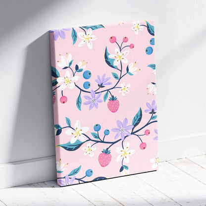 Pink pastel canvas wall art with floral strawberries blossoms berries
